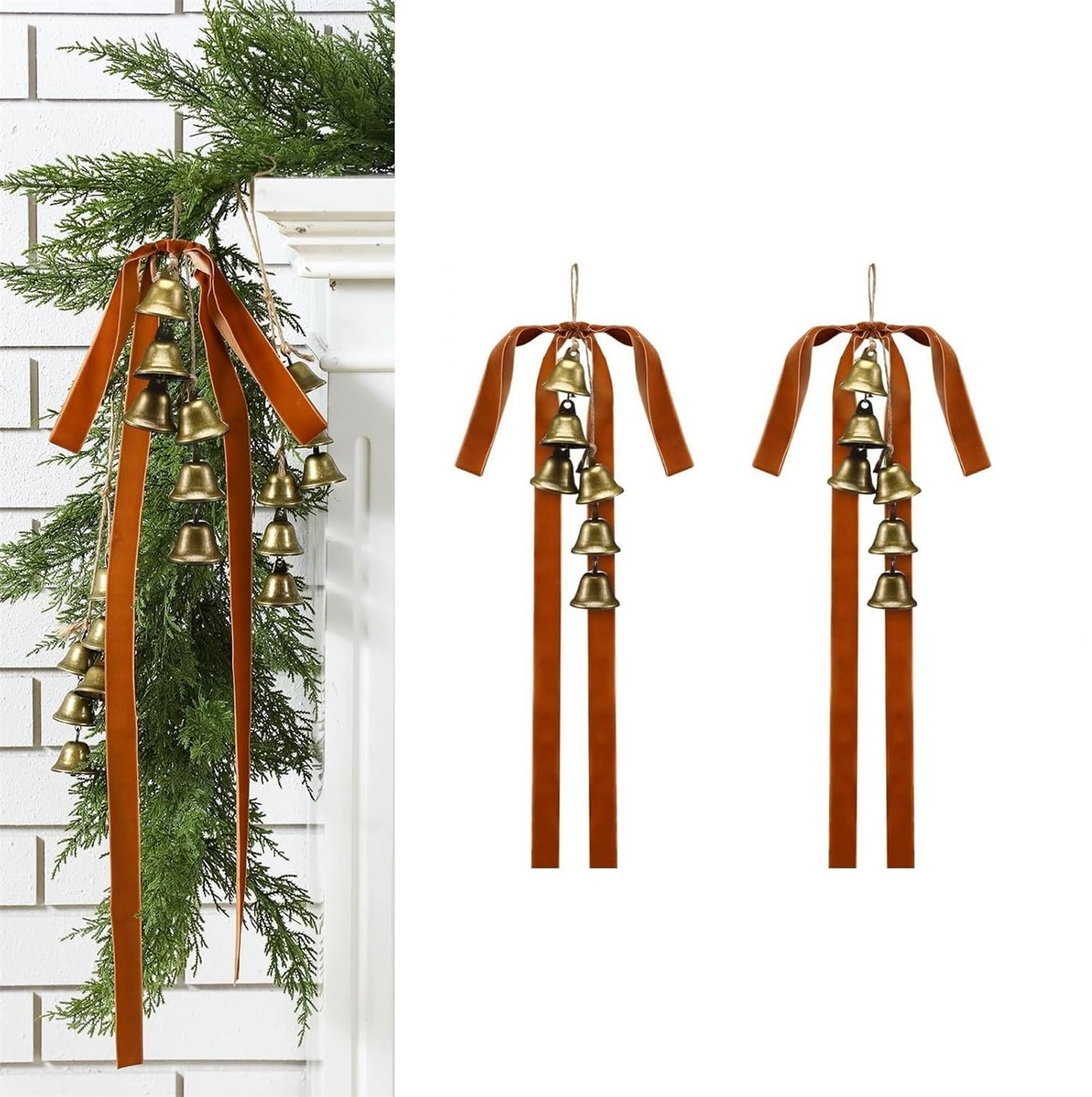 Adornos colgantes navideños lazo con campanas metálicas, colgantes rústicos