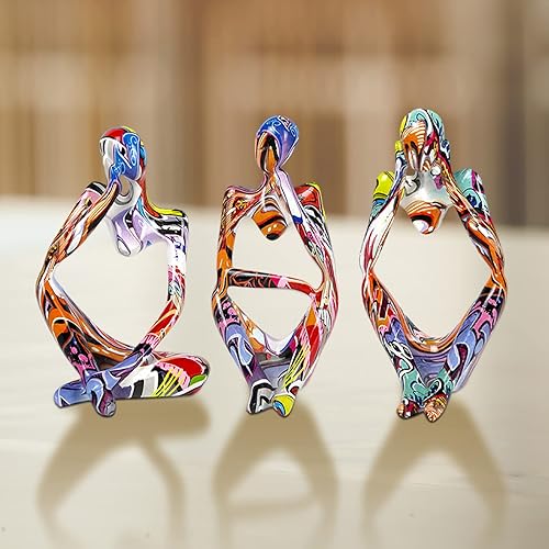 Miniatura 2 de AZURAOKEY Estatua de pensador de resina de 3 piezas, escultura abstracta de arte colorido, escultura abstracta de pensador, graffiti, figuras de