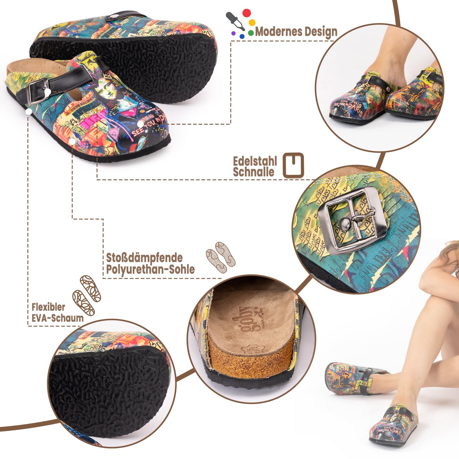 GOBY Clogs Hausschuhe Damen | Handgefertigte Premium Clogs mit Buntem Print – Bequeme & leichte Pantoletten Damen aus hochwertigem Imitationsleder mit Eva-Sohle [ Test SEHR GUT, Note 1.1 *]