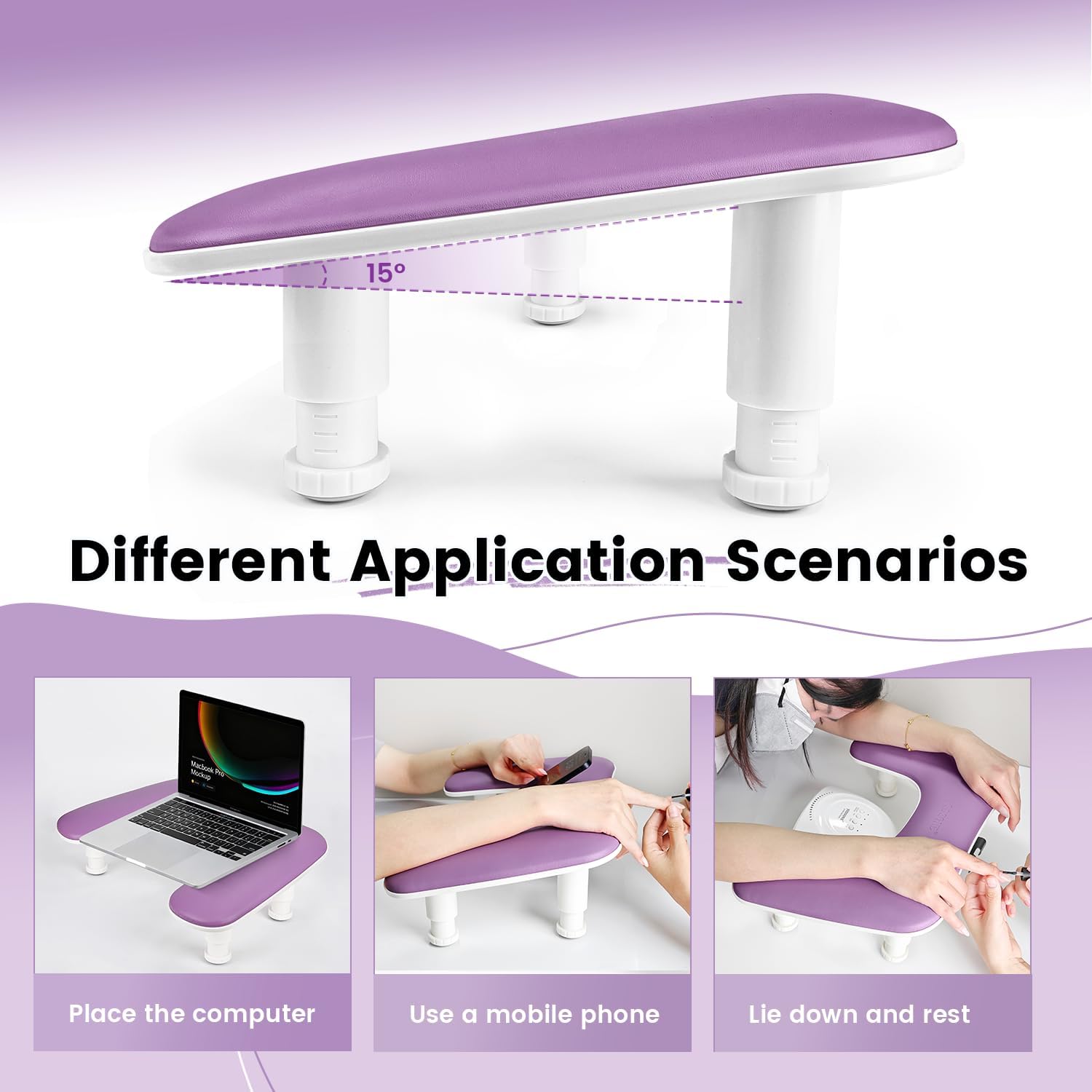 JODSONE Lila U-förmige Maniküre-Armstütze für Nageltechniker mit drehbarer Handyhalterung und verstellbarer Nagelarmstütze Abnehmbare Maniküre-Handstütze für Salon-Design
