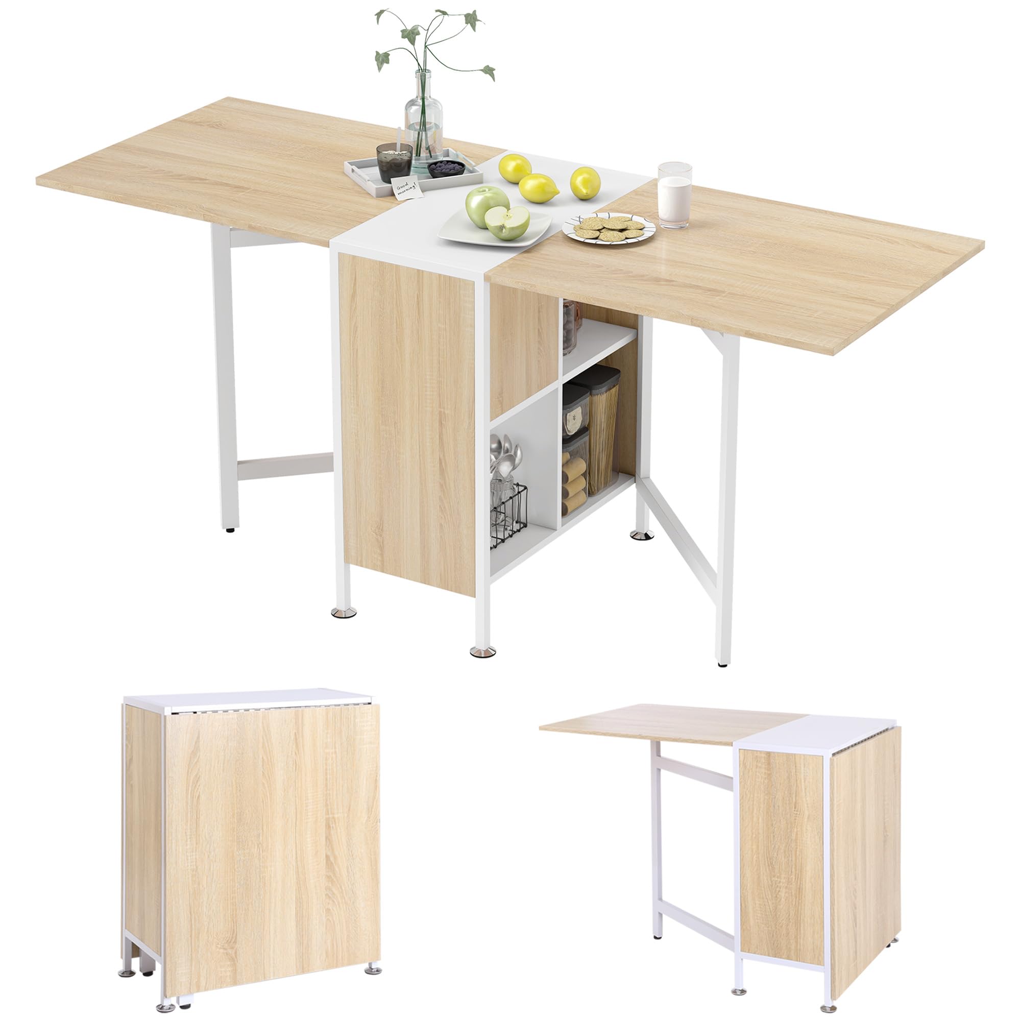 HOMCOM Mesa Plegable de Comedor con Alas Abatibles Roble/Blanco | Mesa de Cocina Plegable, 4 Compartimentos, 3 Formas, Hasta 4 Personas, para Salón, Espacio Pequeño, 169x60x75cm