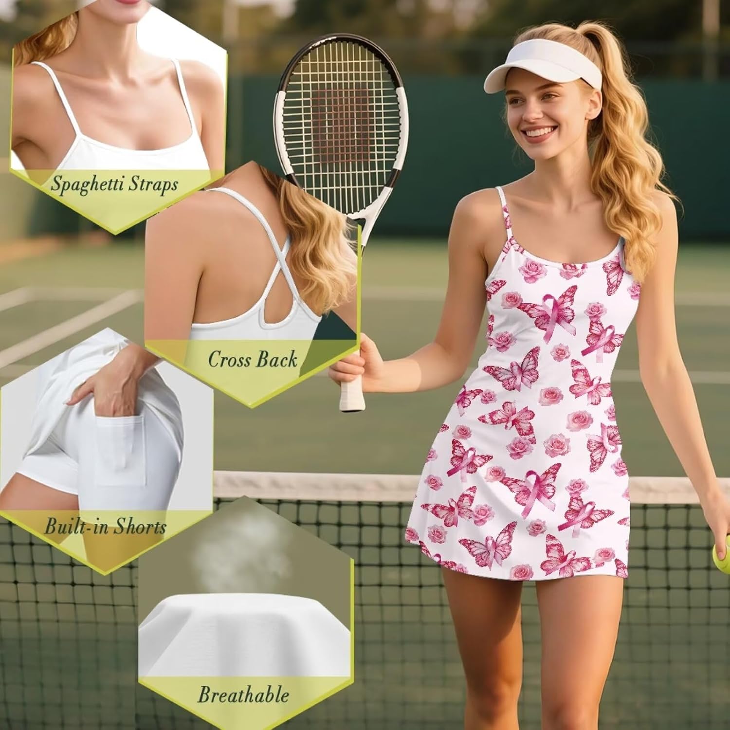 Womens Tennis Dress Stretchy Spaghetti Strap Golf Athletic Workout Skirts for Tennis/Pickleball Match Size XS-2XL