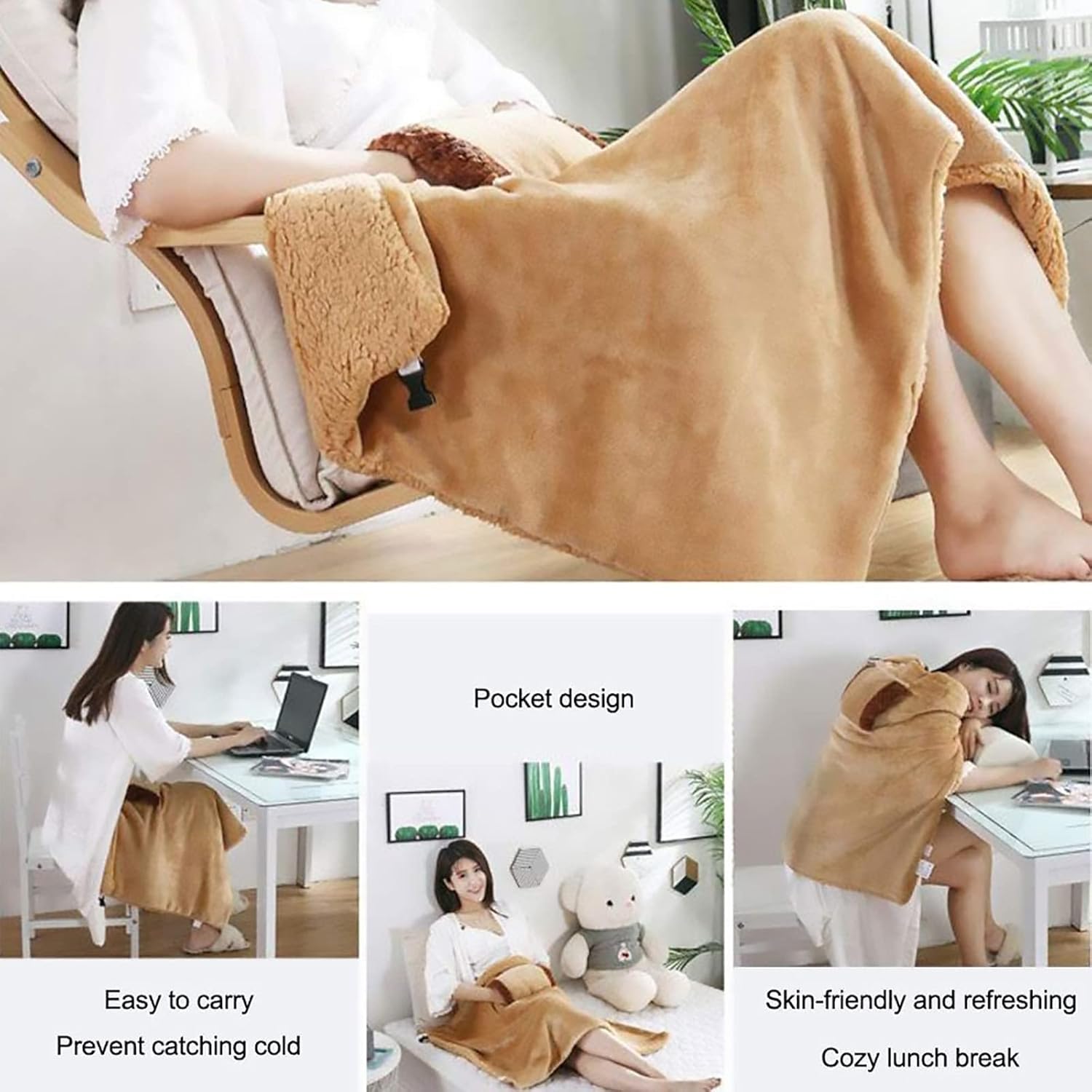 review USB Electric Heated Blanket+Warm Handbags, Flannel Electric Heated Blanket Throw Travel Electric Blanket for Car Shoulder Blanket for Home Office Winter Shoulder Warm(80X60cm ) (Camel)