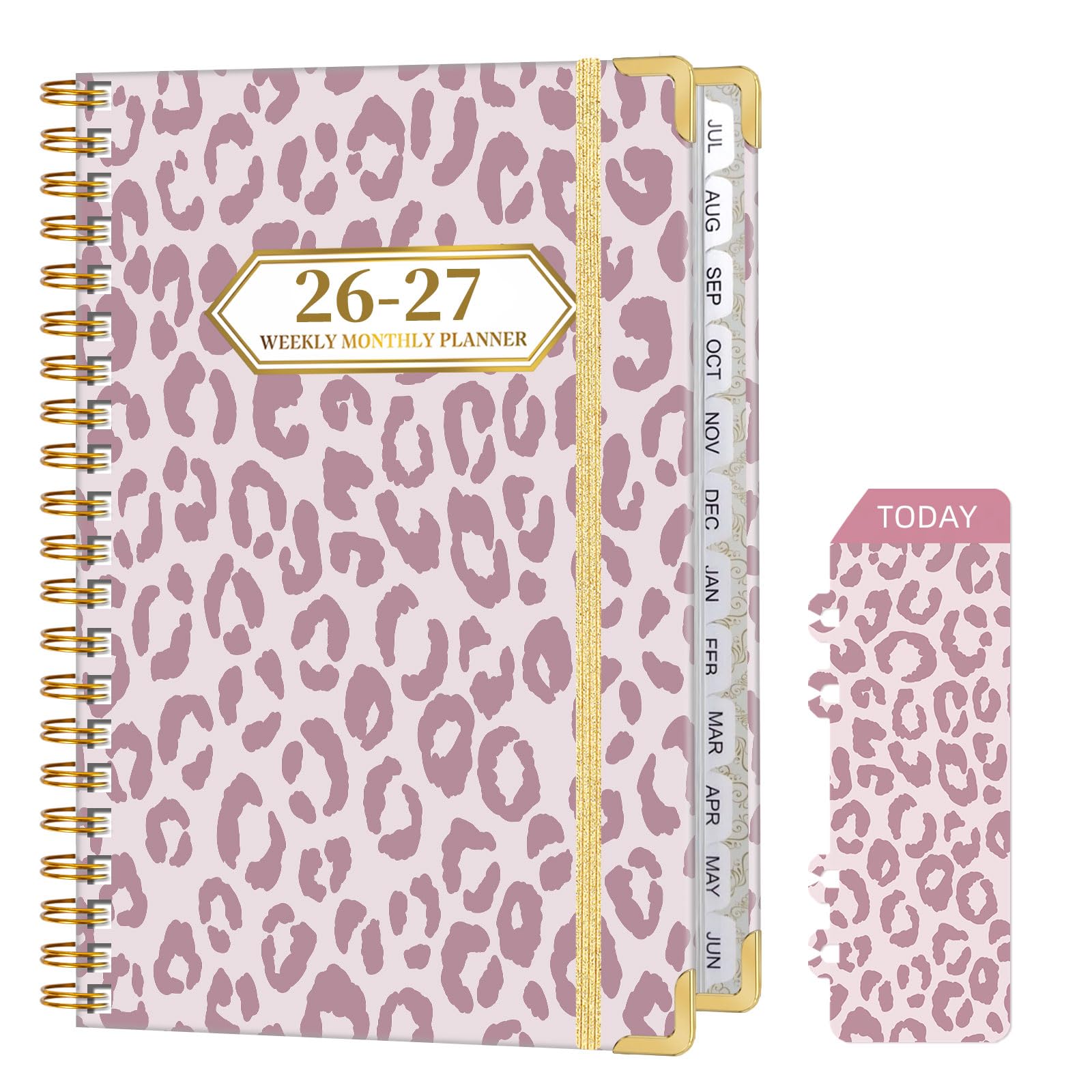 Ksriylm Leopard Print A5 Diary 2026-2027 Week to View,Classic Weekly Monthly Planner from Jul.26 - Jun.27,Twin-wrie Binding Hardcover Academic Diary with Monthly Tab,Back Pocket,Elastic Closure,Pink