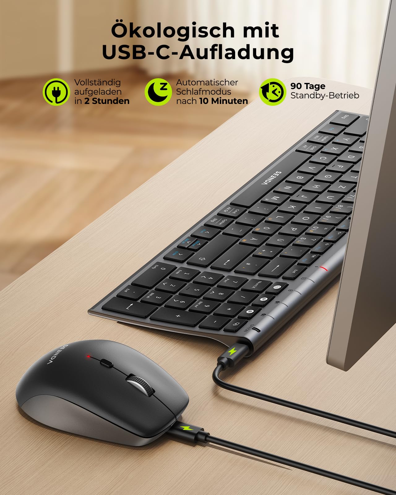 Bluetooth Tastatur mit Maus, SEENDA COE401 Kabelloses Tastatur Maus Set für Windows/Mac/iPad/Android | Ultradünne Metall-Tastatur + Leise Funkmaus | 3 Geräte Verbindung, QWERTZ Layout, Grau