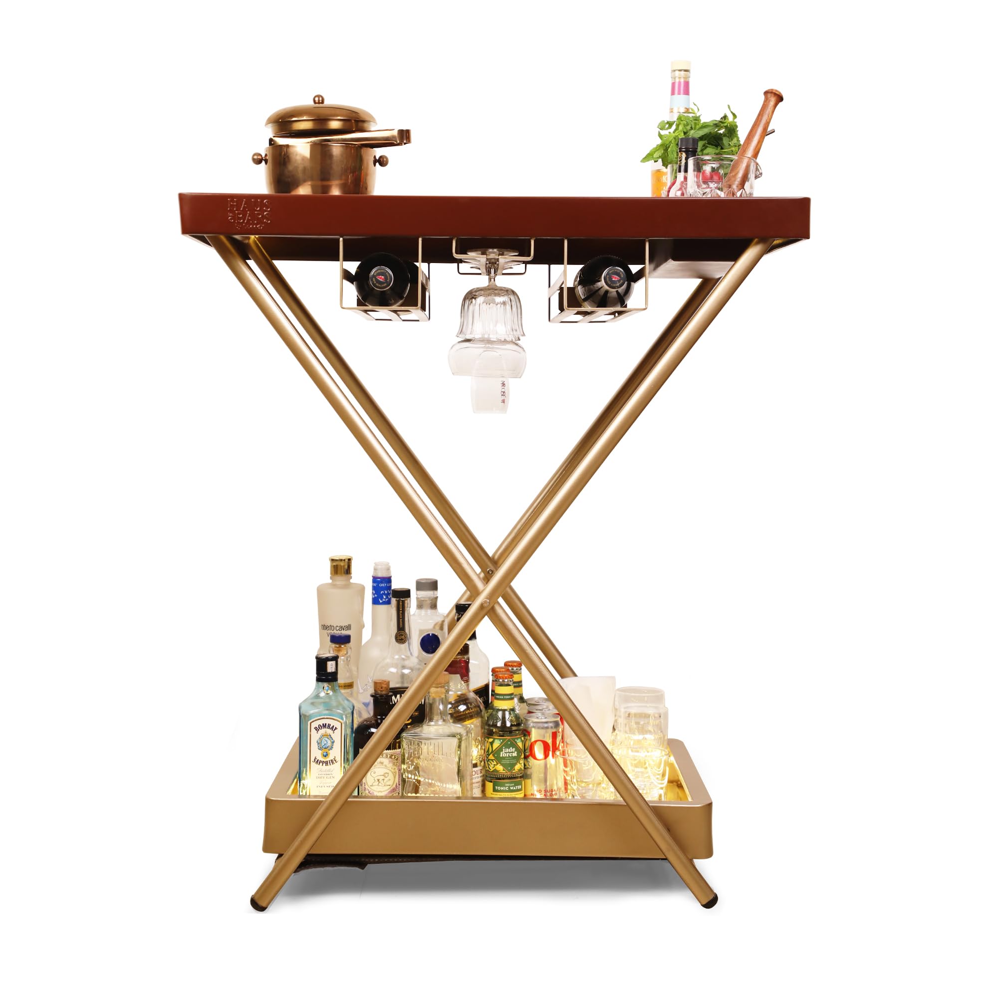 HAUS OF BARS Metal by Speedx - Model J - Multi-Functional, Portable and Foldable Bar Table in Matte Gold Finish with Chestnut Brown Top-image-22