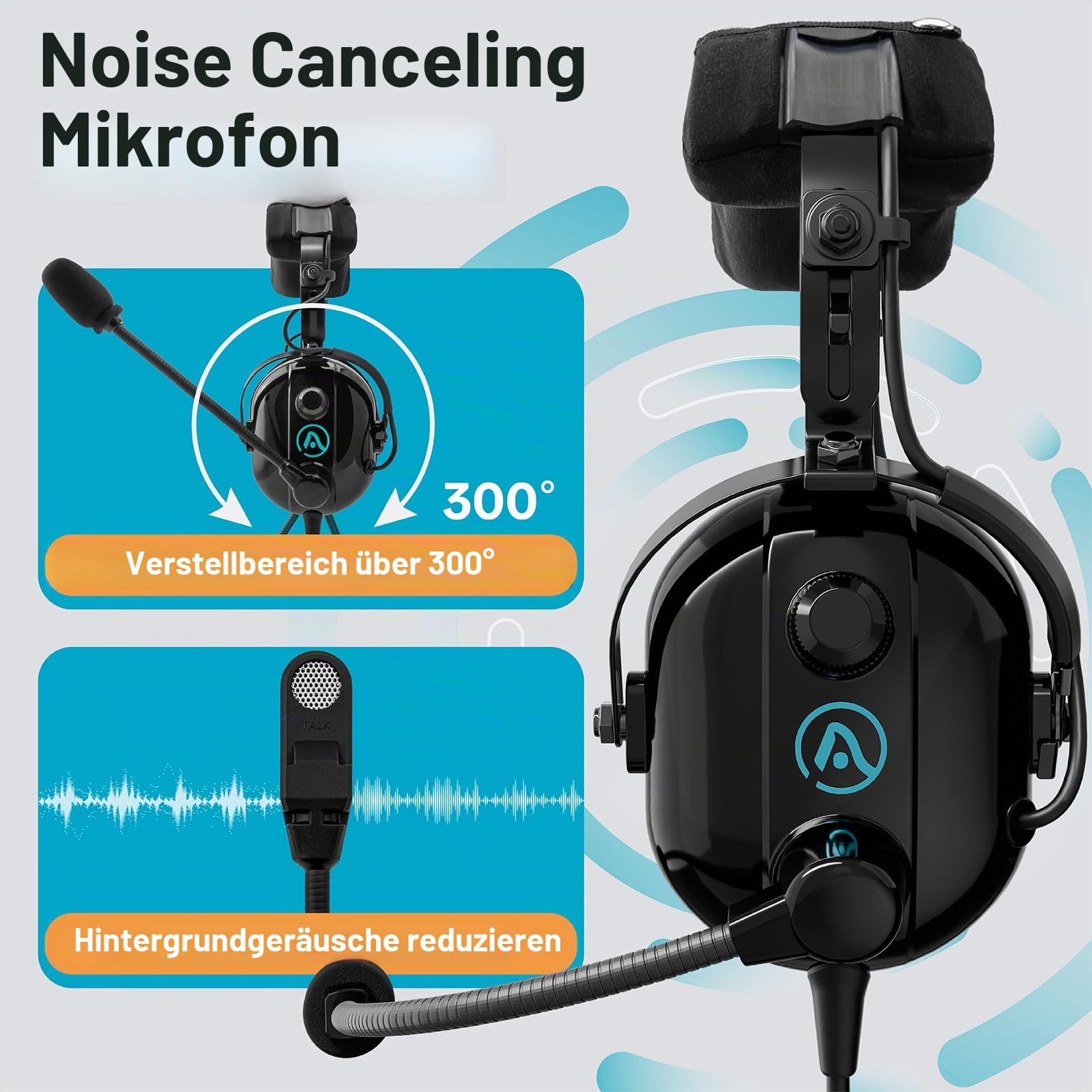 AIRVOICE Aviation Headset mit Geräuschunterdrückungsfunktion, für Piloten mit bequemen Ohrpolstern und flexiblem Mikrofon, PNR Luftfahrt-Headset für Piloten mit Tragetasche