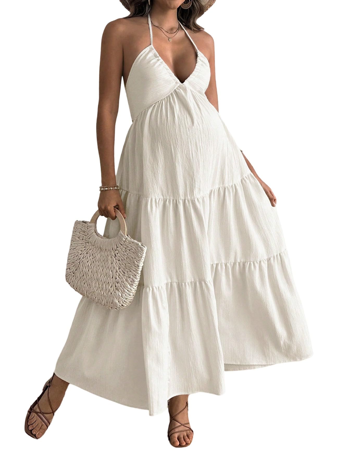 SweatyRocks Damska sukienka w stylu boho dla kobiet w ciąży, sukienka maxi, wiązana na szyi, letnia sukienka bez pleców, sukienka ciążowa, odświętna sukienka na imprezę, letnia