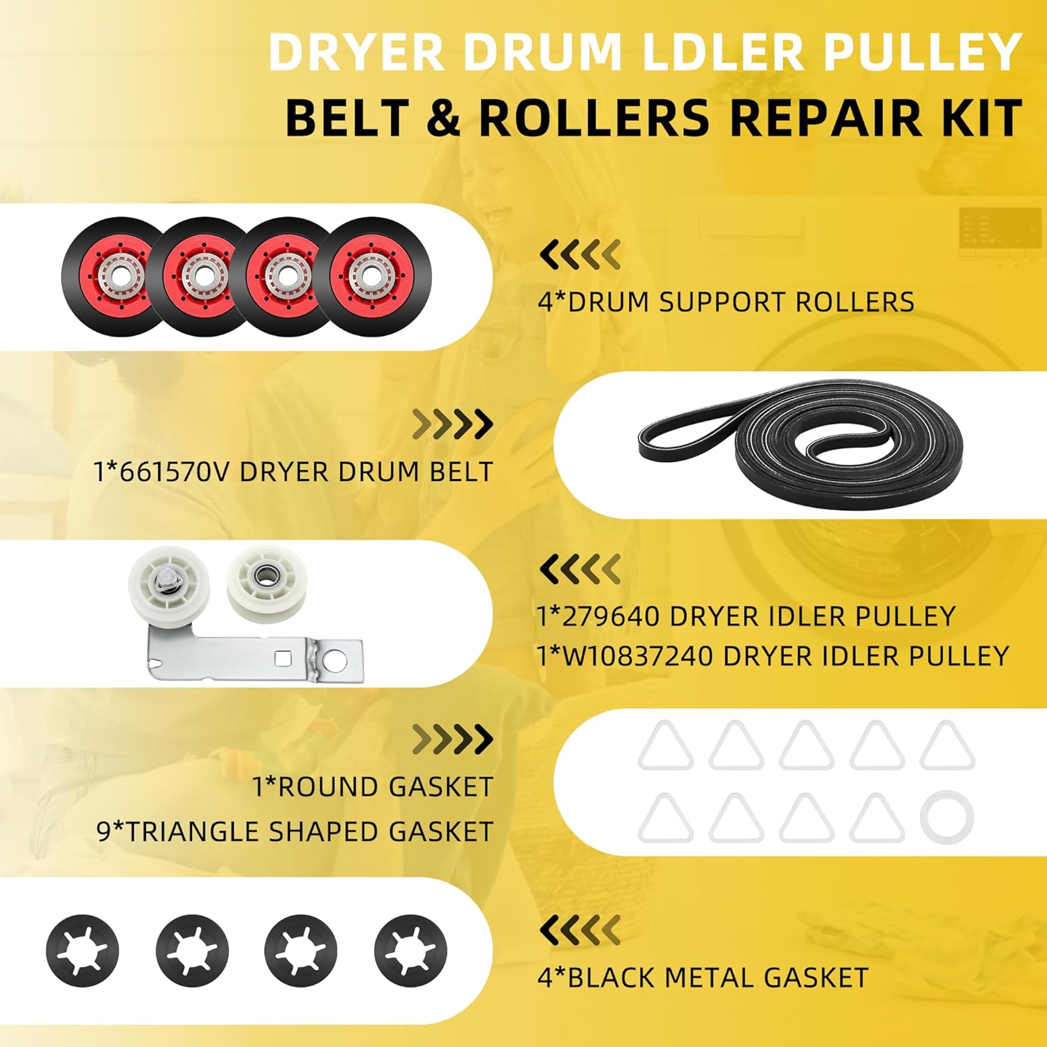 4392067 Dryer Repair Kit &W10837240 Dryer Idler Pulley Compatible for Kenmore,Maytag Whirl-poo Elite Dryers,Includes WPW10314173 Roller Drum Support Kit,661570v Dryer Belt,279640 Idler Pulley MIFLUS