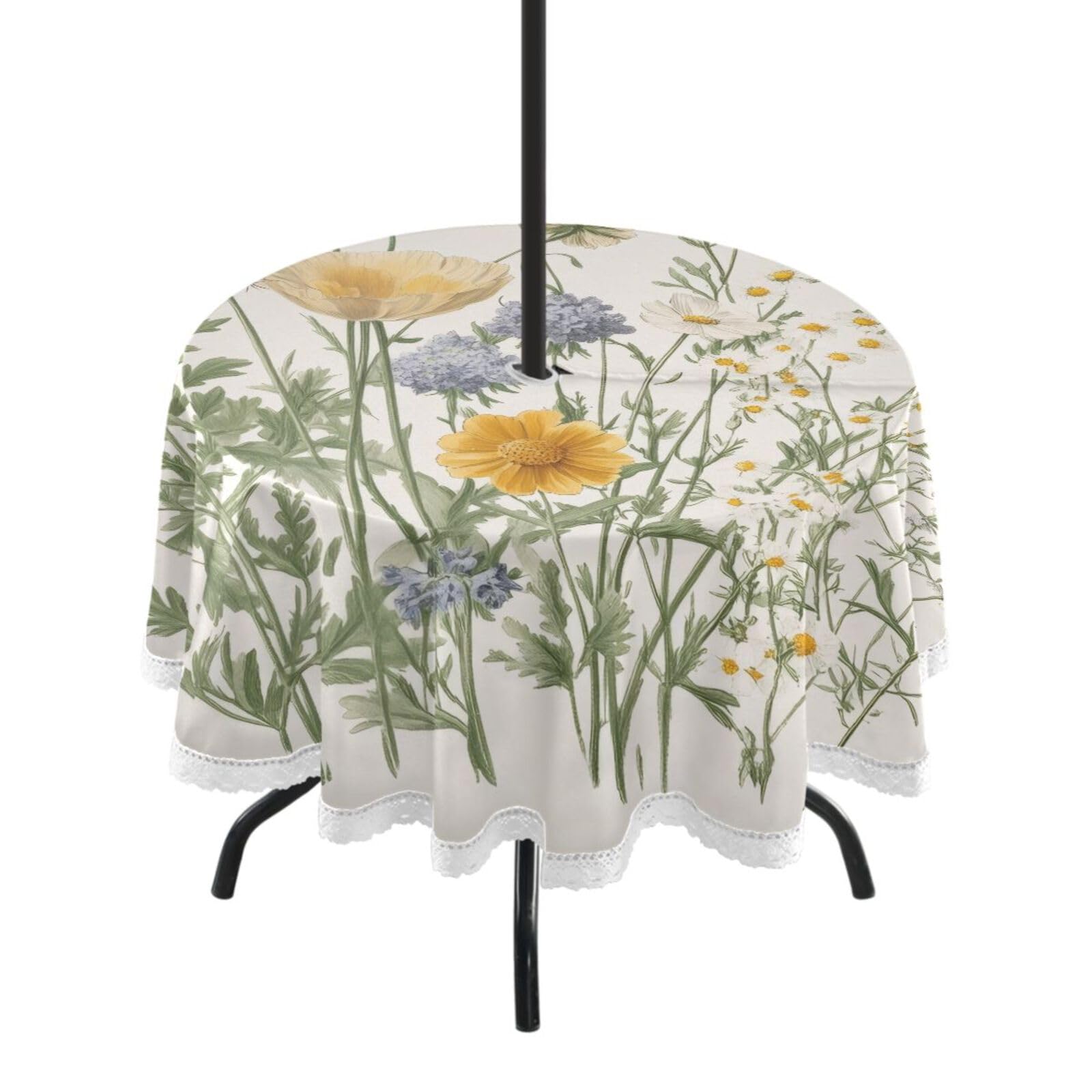 Ttgoth Wildflowers Outdoor Table Cloth 152 cm Water Stain & Resistan Tablecloth Wipeable Table Cover with Parasol Hole & Zipper for Garden Patio Party Picnic