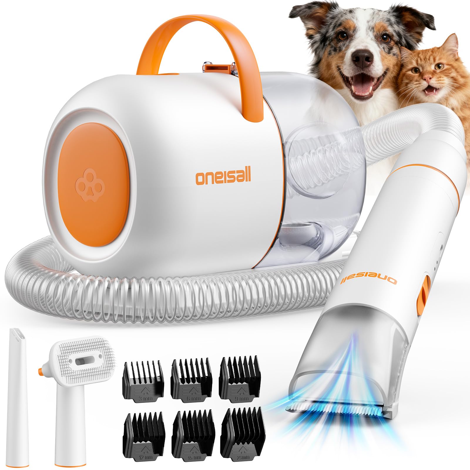 oneisall Cortapelos Perros con aspiradora de pelo, 15000Pa máquina de corte silenciosa para perros y gatos y otras 6 herramientas de aseo, Aspira el 99% del pelo de las mascotas