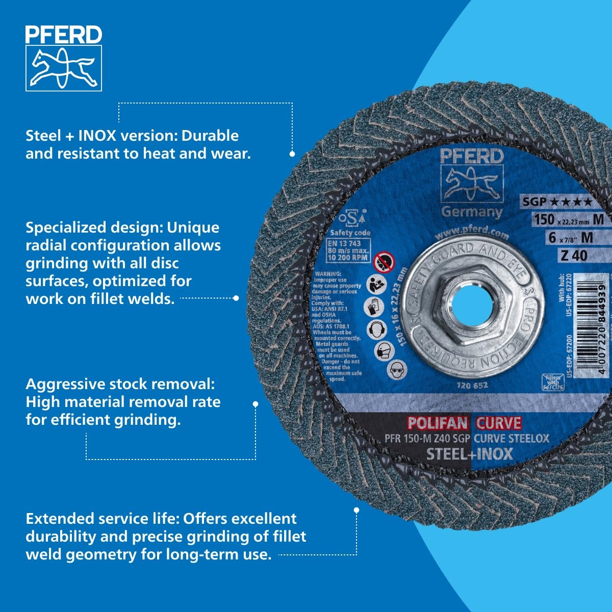 PFERD POLIFAN®-Curve Radial Type Flap Disc - 6" x 7/8" Thread, 40 Grit Zirconia, Welding Accessory and Angle Grinder Attachment - For Steel and Stainless Steel (INOX) Grinding - Pack of 1 - Part 67220
