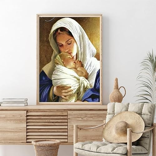 Miniatura 3 de Kits de pintura de diamantes 5D con cuentas redondas de taladro completo religioso, arte de diamantes, Virgen María, diosa y bebé Jesús, punto de