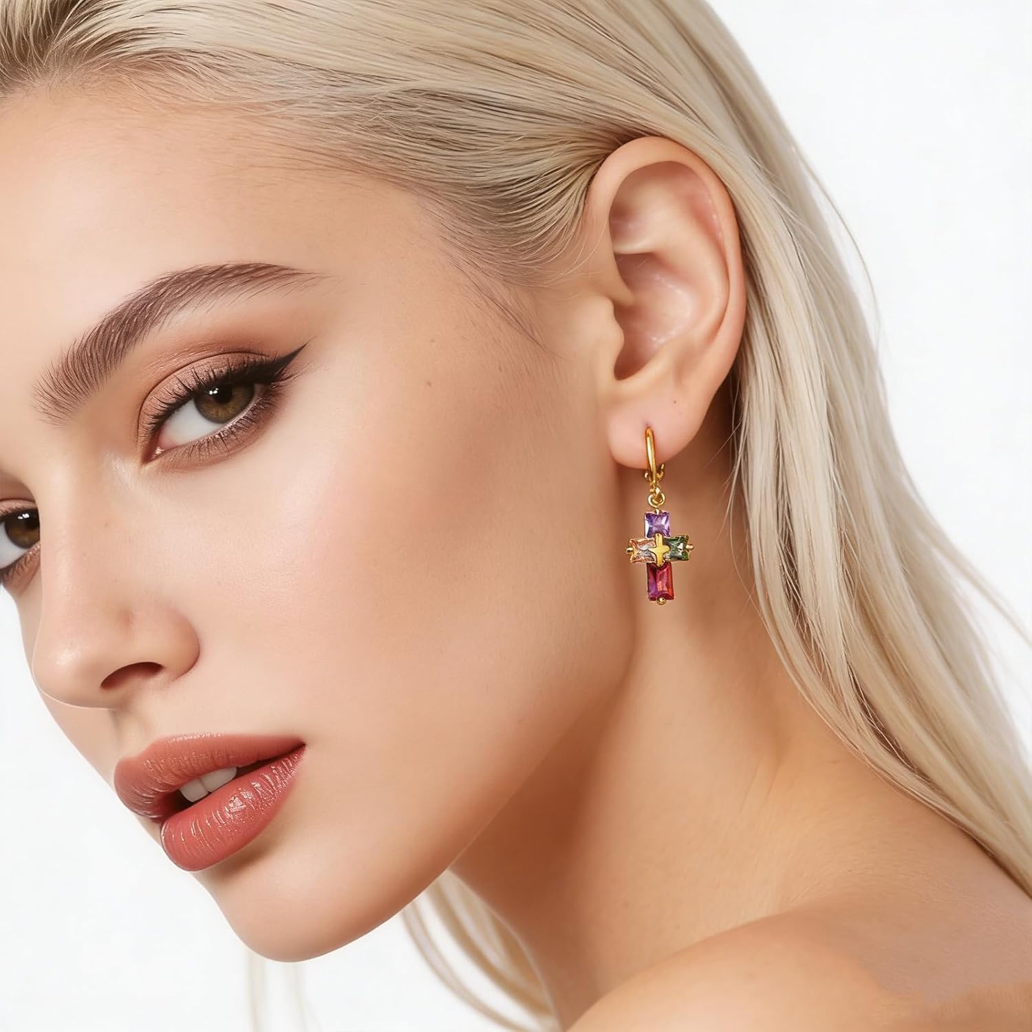 HZMAN Cross Earring for Women 14K Gold Plated Hypoallergenic Dangle Hoop Earrings Dainty Crystal Cubic Zirconia Earrings - Image 3