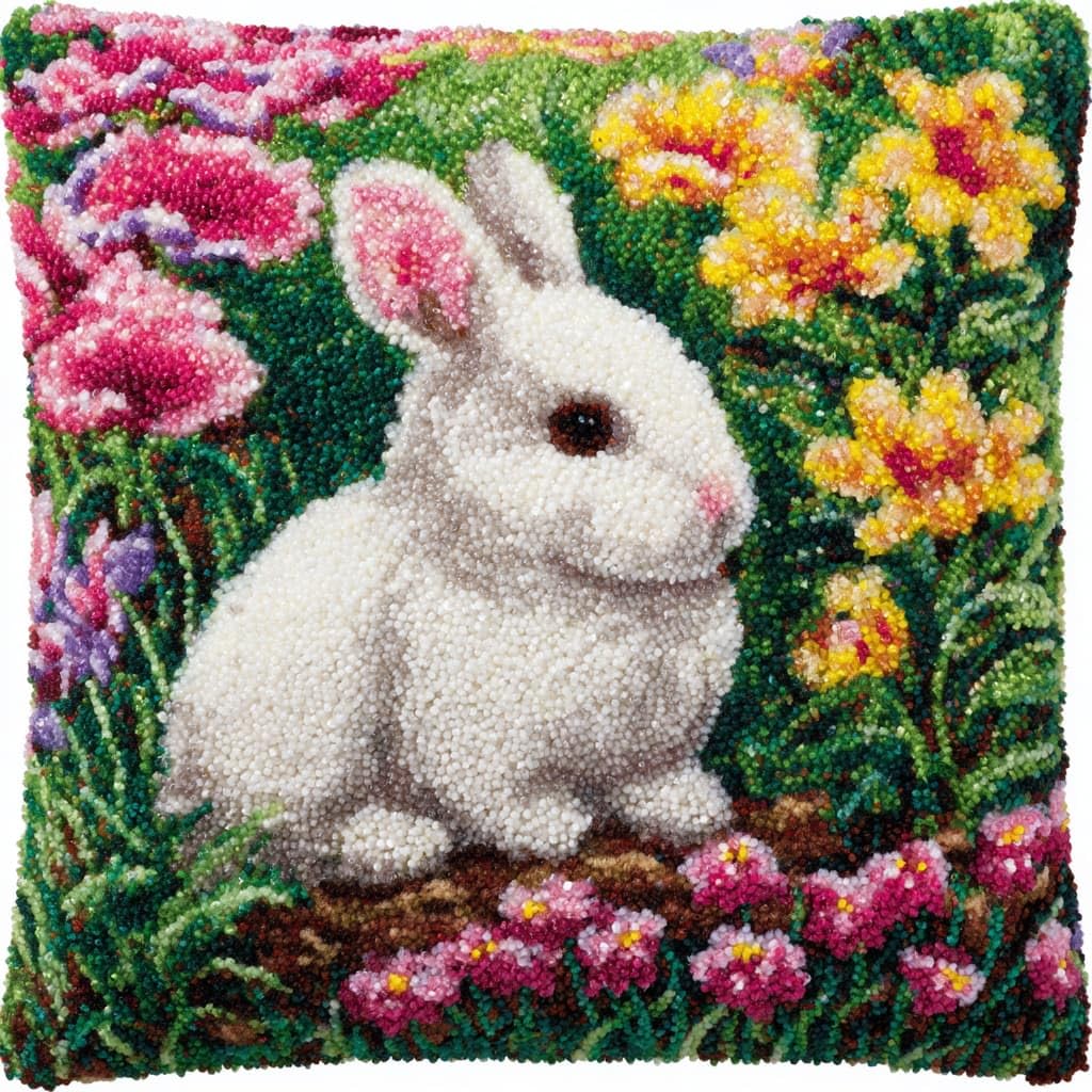 Henypt Latch Hook Cushion Kits, Rabbits and Flowers