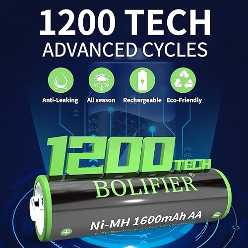 Miniatura 9 de BOLIFIER NiMH - Baterías AA recargables, 1600 mAh de alta capacidad, pilas AA de 1.2 V precargadas doble A para luces solares al aire libre,