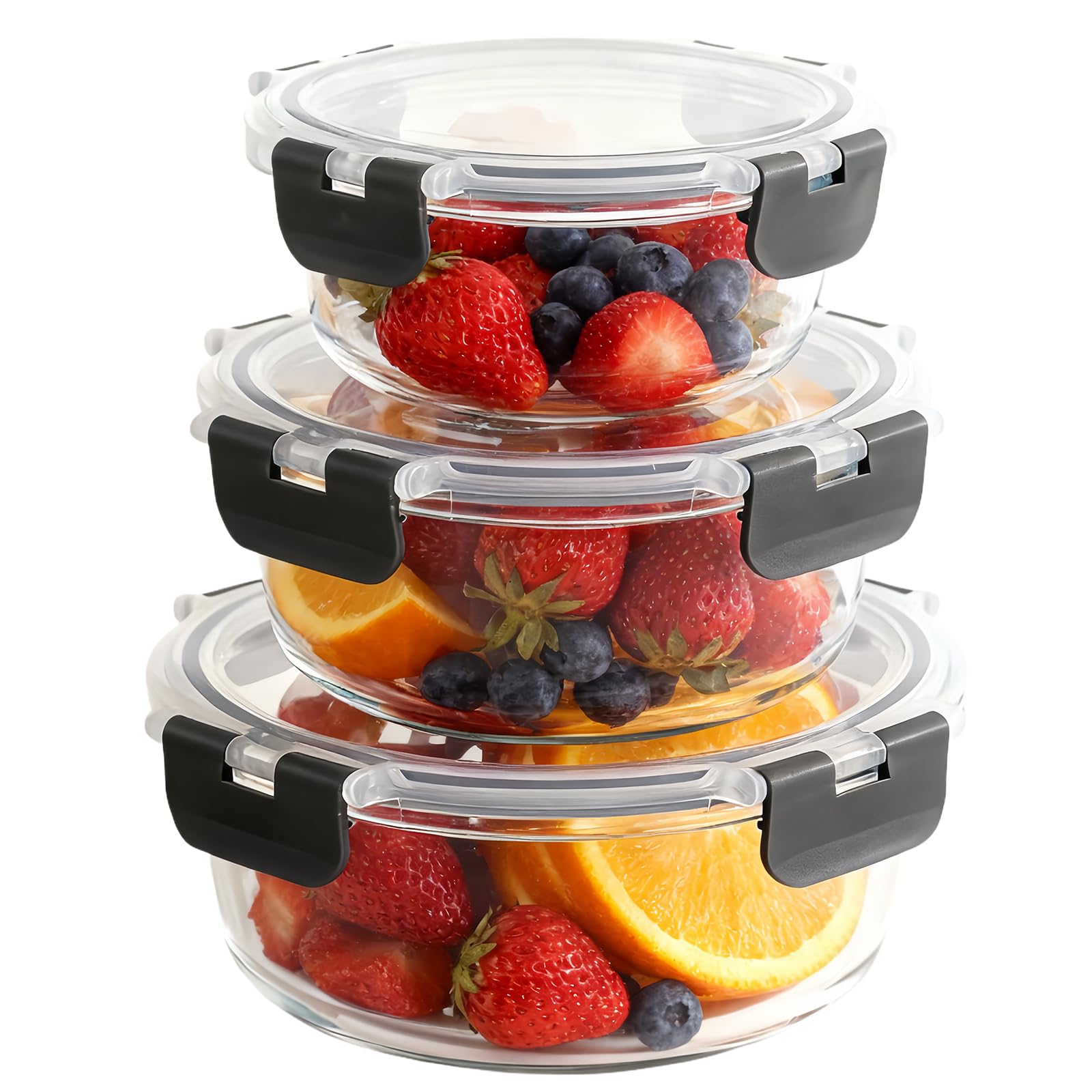 Meetoz Round -3Pack Round Glass Containers With Lids 3 Pack- Airtight Meal Prep, Glass Lunch Box For Fridge Storage, For Soup, Lunch, Salad, Leftovers, Bpa Free (Round -3Pack)
