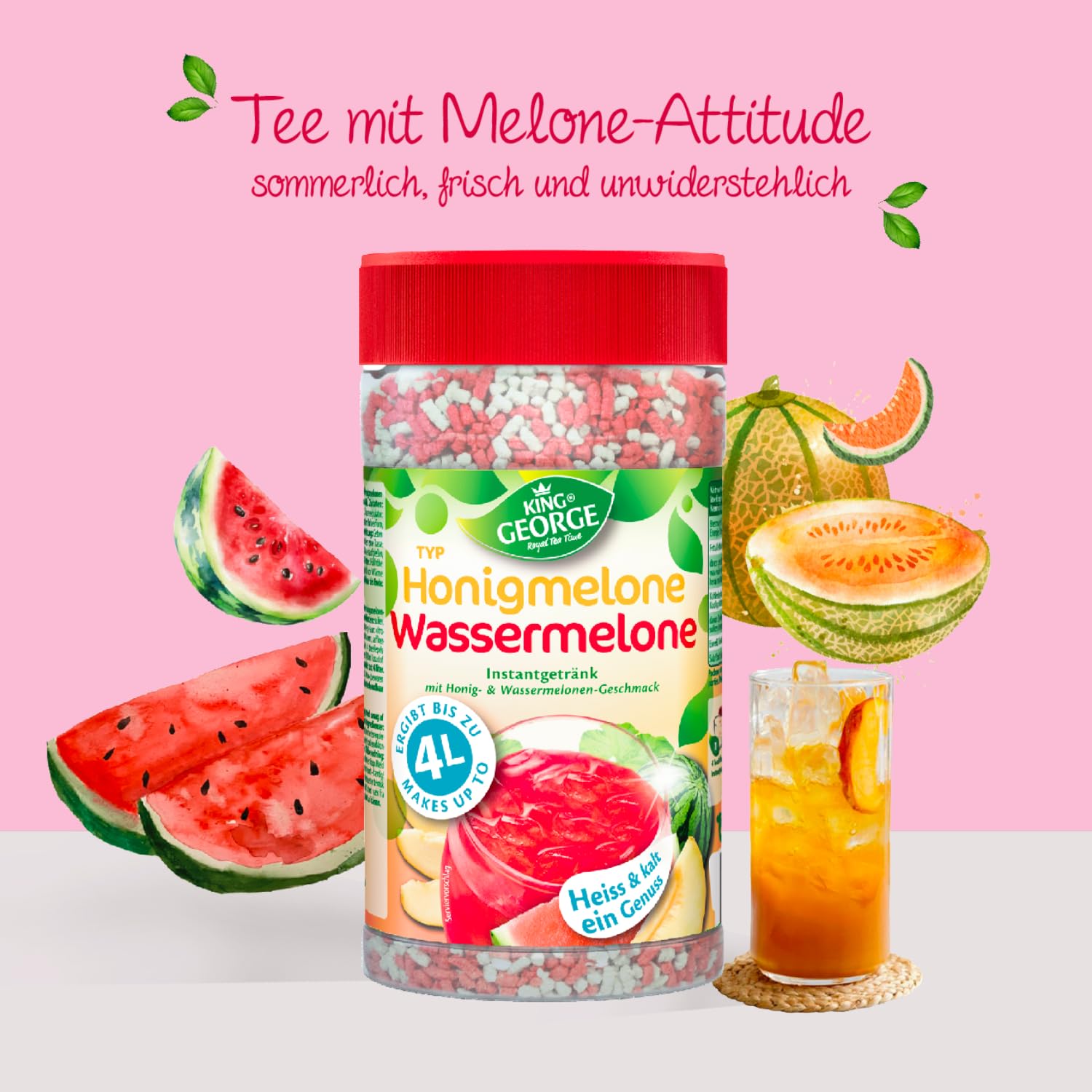 KING GEORGE Bebida instantánea de té de melón, sandía, 6 x 400 g, bebida instantánea, caliente y fría un placer, paquete de almacenamiento de té de migas, bebida para verano, cumpleaños, fiesta