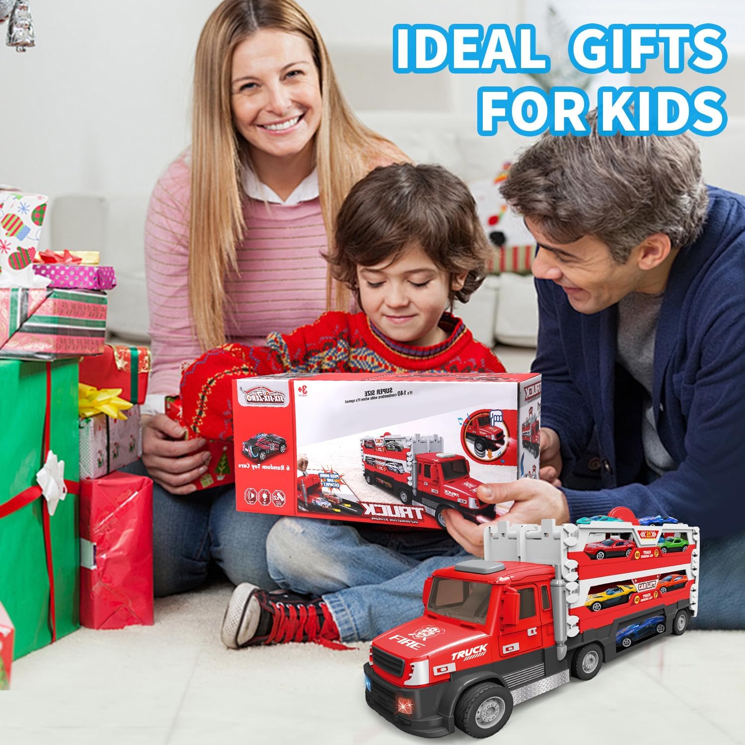 6 in 1 Transport Truck Toys for Kids, Police Trucks Carrier Cars with 6Pcs Metal Race Car with Light&Sounds, Toddler Vehicles Toys Gifts for Boys Girls Age 3 4 5 6 7 8-Red