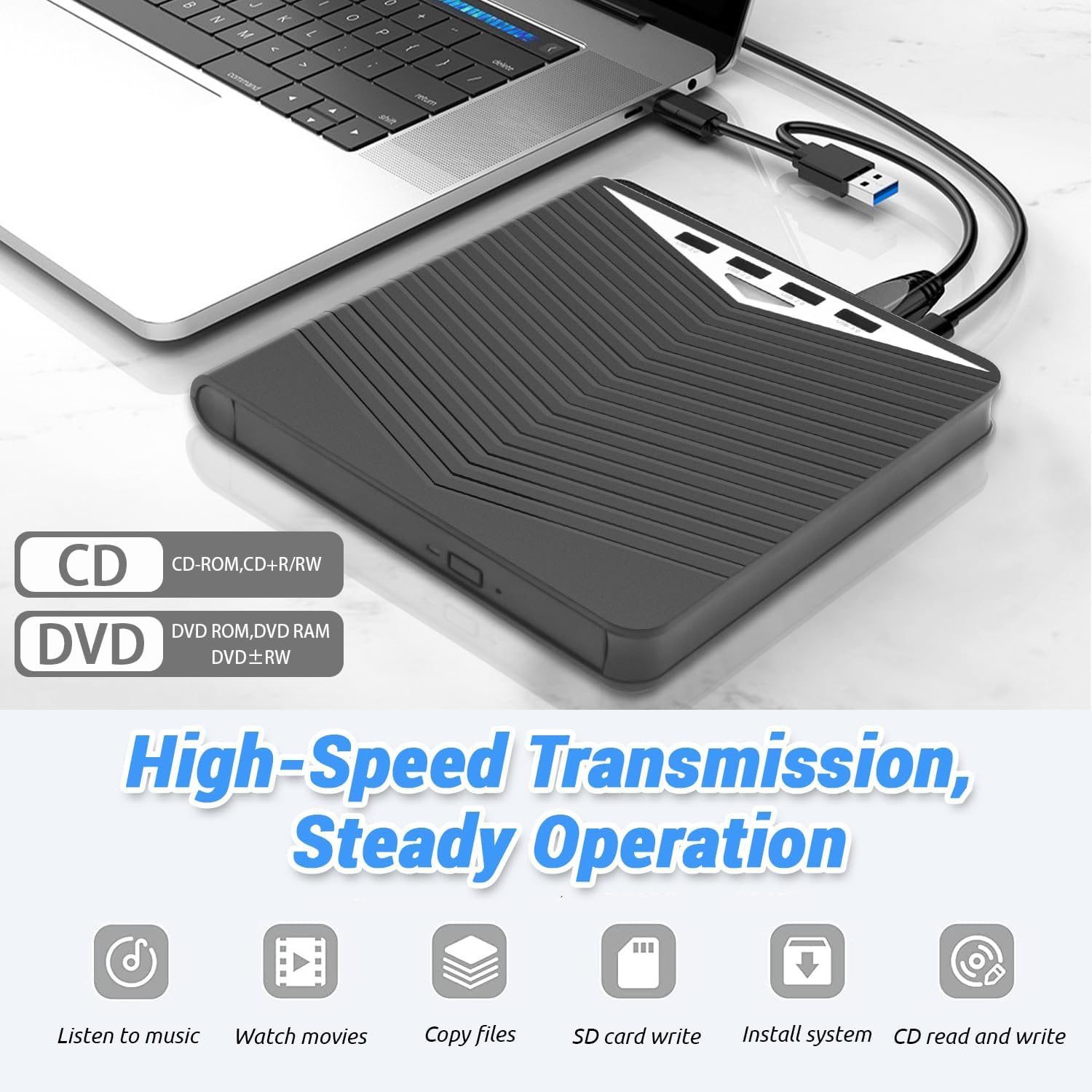 Lecteur CD DVD Externe, Lecteur Optique Externe USB 3.0 7 en 1, Graveur DVD Mobile, Extension de Carte, Ordinateur Externe de Bureau, Ordinateur Portable, Lecteur Optique Externe