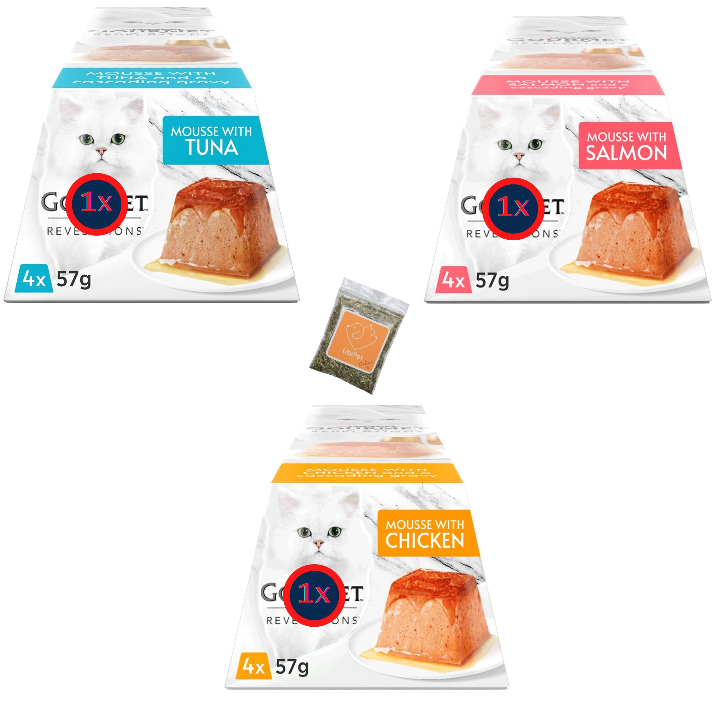 UbiPet Cat Food Bundle with Revelation Mousse Chicken, Tuna, Salmon (Total 12 Servings x57 grams) and 1x Catnip 5 grams