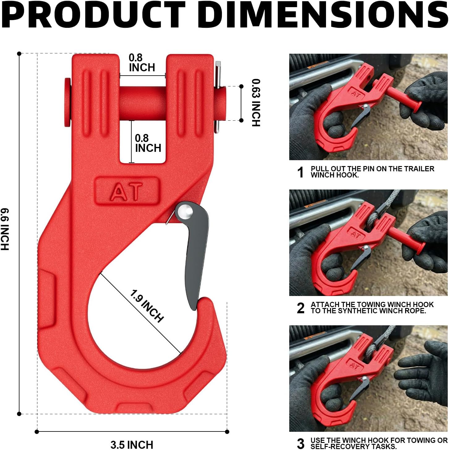 AUTOBOTS 3/8" Winch Hook Heavy Duty, Max 20 Ton (45,000 Lbs), Forged Steel ATV Winch Hook with Safety Latch, Tow Hook for Synthetic Rope Winch Cable ATV UTV Red - Image 5