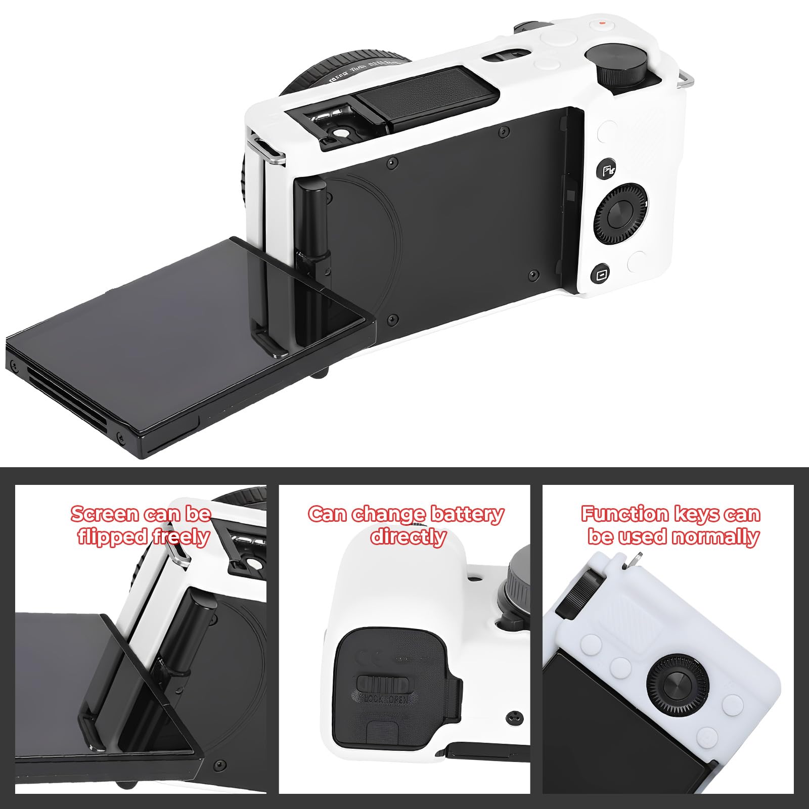 Étui de protection en silicone souple compatible avec les appareils photo Sony ZV-E10 / ZVE10, peau en caoutchouc léger avec accès complet et ouverture au fond, Blanc., Accessoire pour