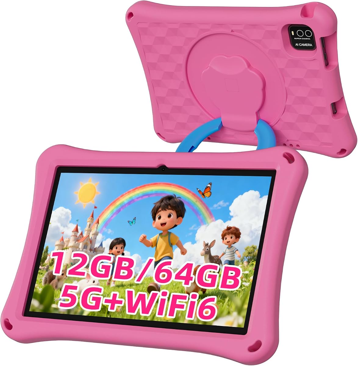 Kids Tablet, 10.1 inch Android Tablet, 12GB+64GB, 1TB Expandable, 5G WiFi 6, BT 5.0, Quad-Core, 6000mAh, Dual Camera, AWAWA Parental Control Mode, Blue Light Eye Protection Screen with Case.