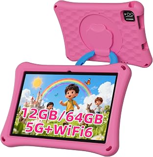 Kids Tablet, 10.1 inch Android 13 Tablet, 12GB+64GB, 1TB Expandable, 5G WiFi 6, BT 5.0, Quad-Core, 6000mAh, Dual Camera, AWAWA Parental Control Mode, Blue Light Eye Protection Screen with Case.