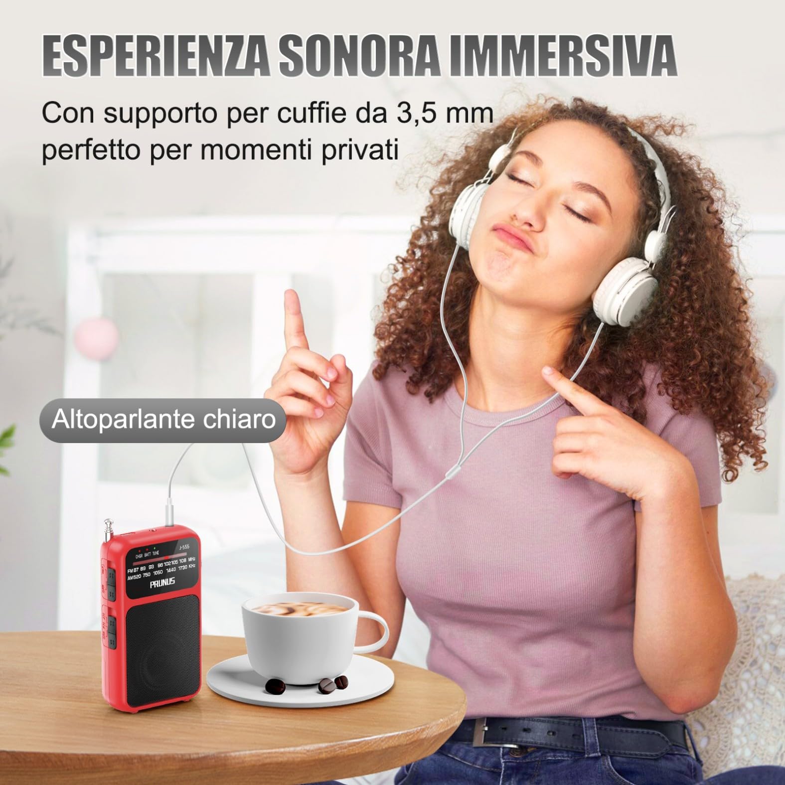 PRUNUS J-555 Radio Portatile Ricaricabile FM/AM con Batterie AAA, Jack, Clip Posteriore Rosso