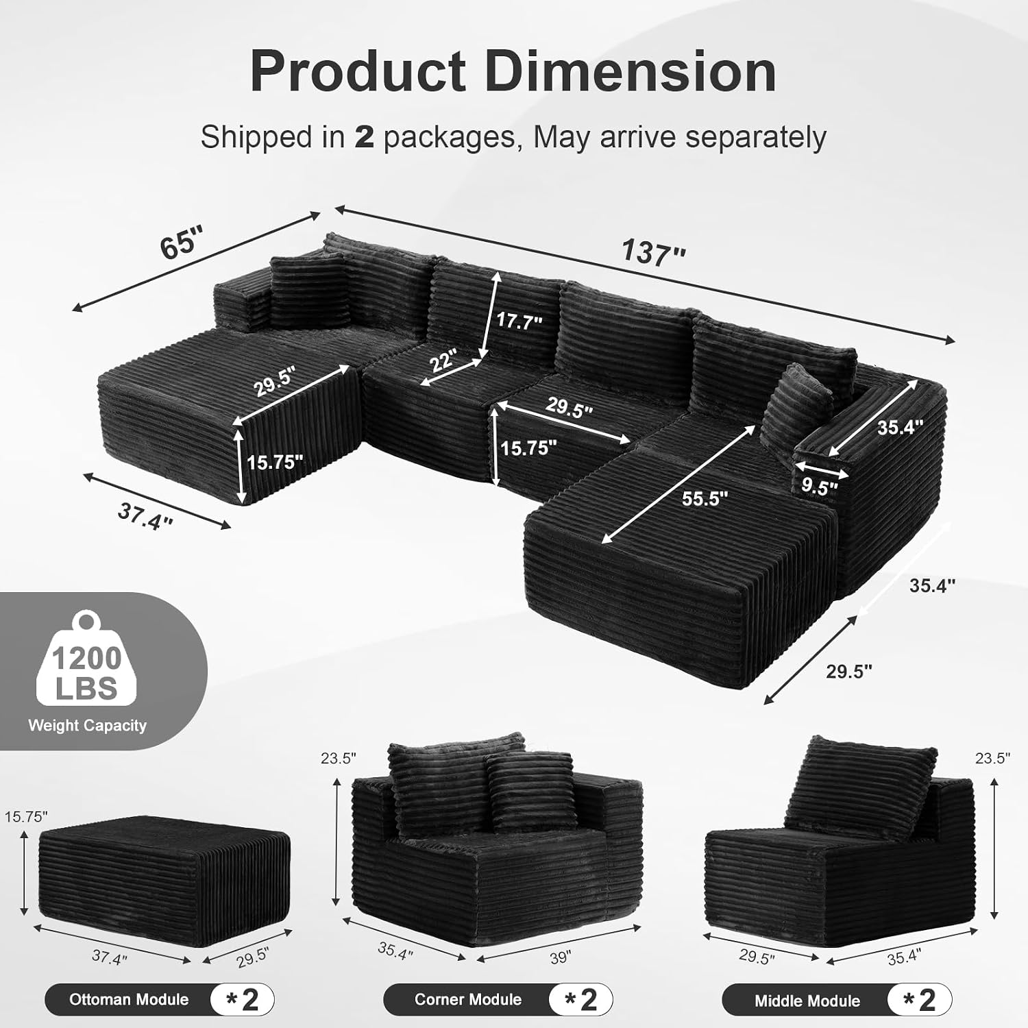 137” Modular Sectional Sofa Couches U Shaped Couch 4 Seater Memory Foam Cloud Couches for Living Room, Boneless Couch with 2 Ottomans, No Assembly Needed Plush Corduroy Sofa
