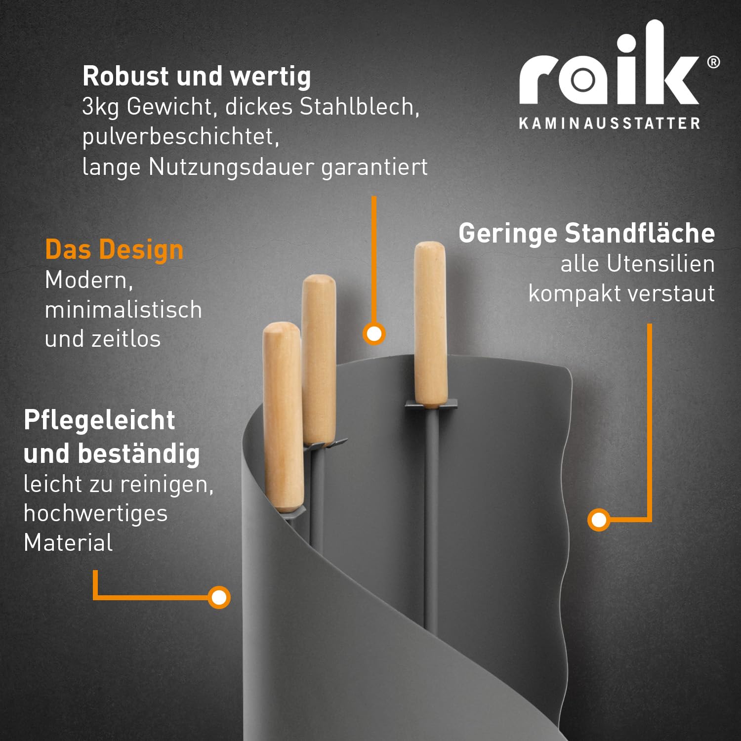 raik Kaminbesteck Otto 3-teilige Kamingarnitur aus Besen Schaufel Schürhaken im Ständer 64 cm Holzgriffe Stahl Grau für Kaminöfen, Feuerstelle, Küchenherd Kaminpflege