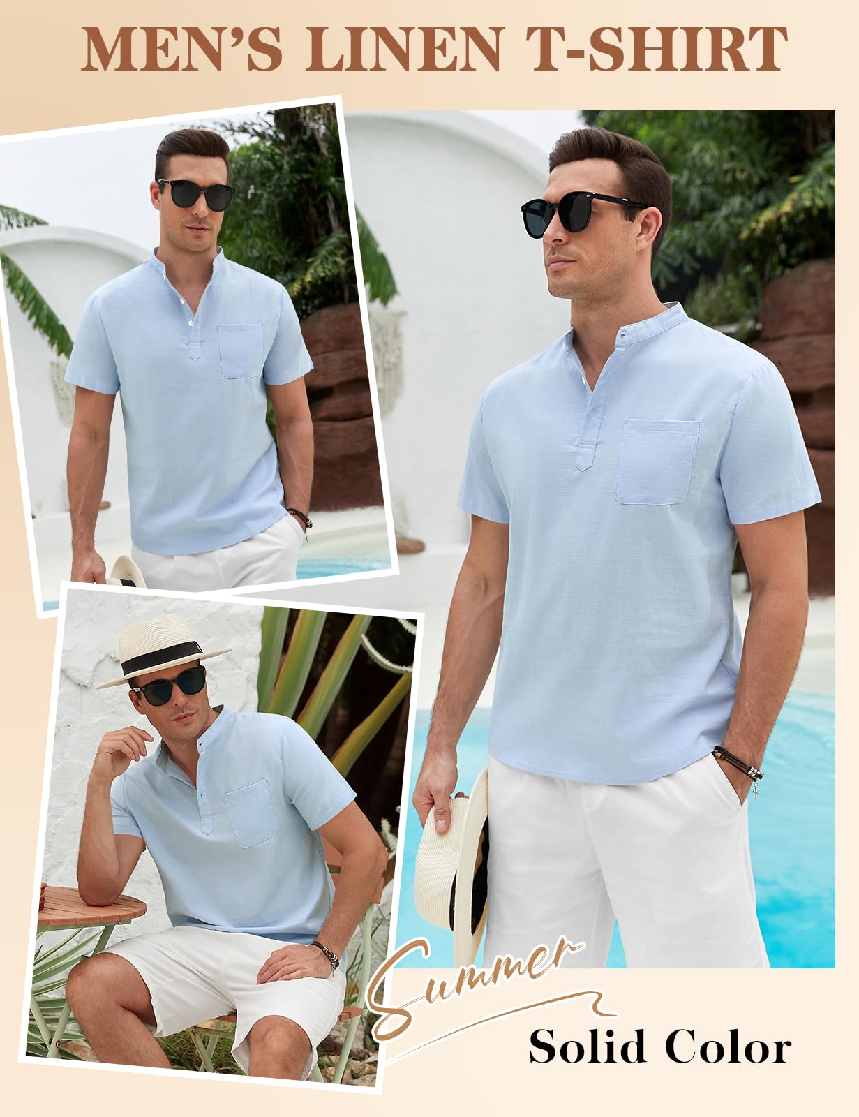 Voqeen Camisa Lino Hombre Henley Camisas Manga Corta Casuales para Verano Sin Cuello Abotonadas Tshirt Camisetas De Playa con Bolsillo