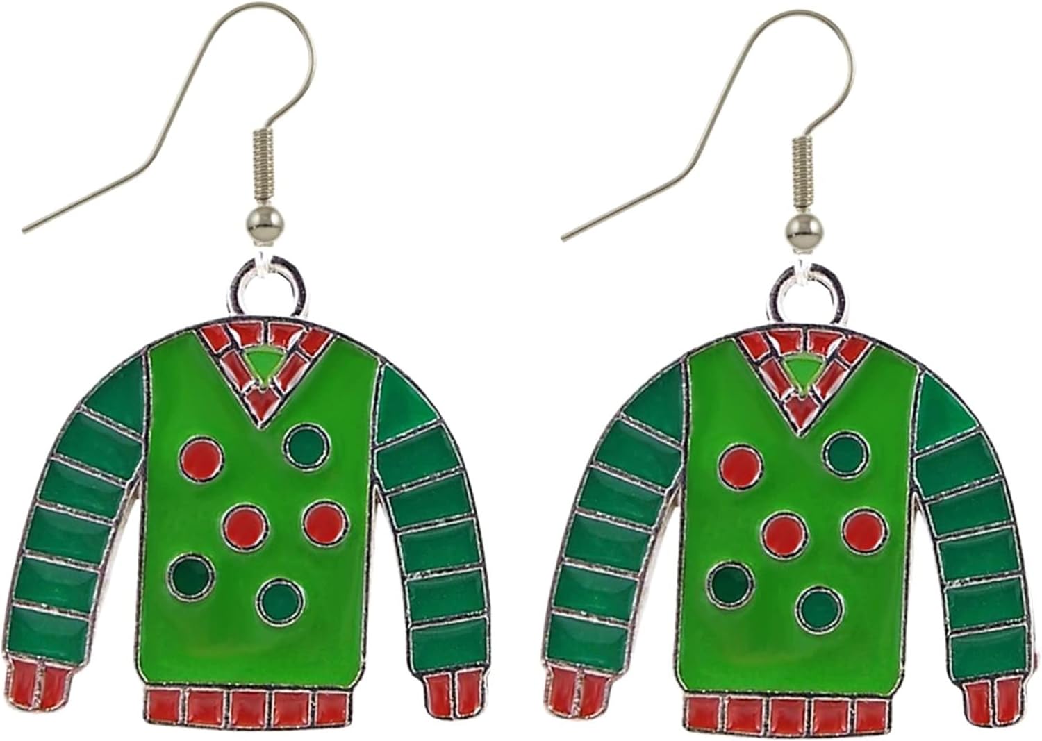 Tacky Green and Red Polka Dotted Ugly Christmas Sweater Metal Earrings with Sterling Silver Ear Wires