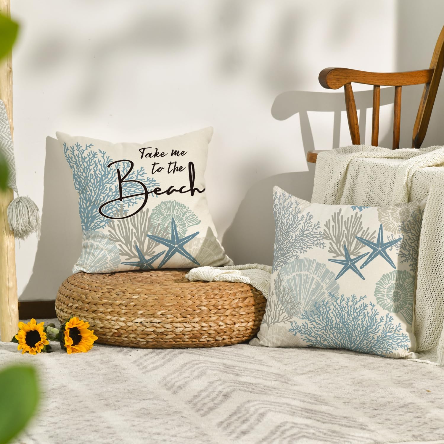 AVOIN colorlife Take Me to The Beach Summer Throw Pillow Covers, 20 x 20 Inch Blue Ocean Starfish Summer Cushion Case for Sofa Couch Set of 4 - Image 3