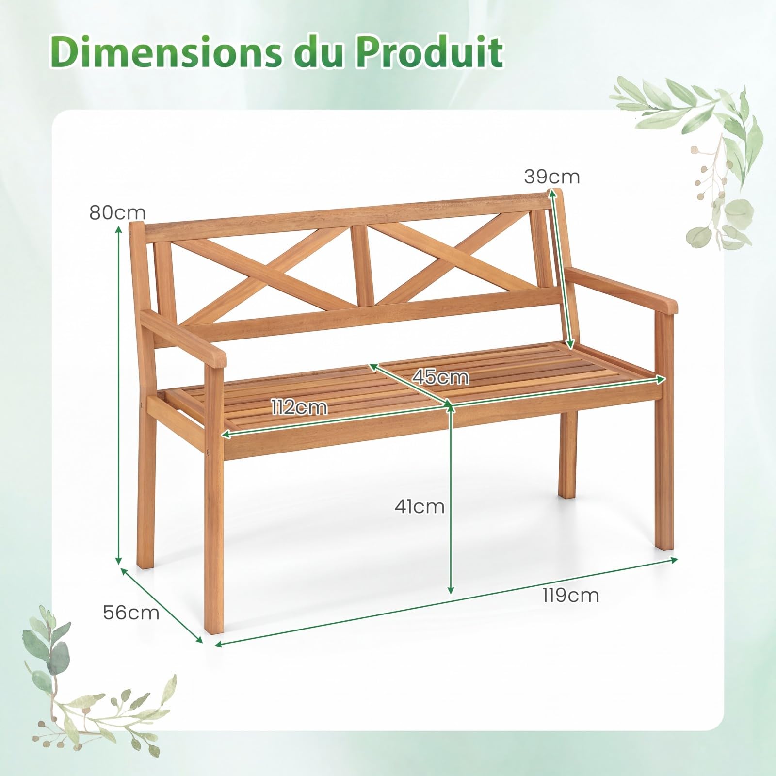 COSTWAY Banc de Jardin en Bois d'Acacia, Banc Exterieur Jardin 2 Places, Dossier Incliné à Motif Géométrique, Charge 360 KG, Accoudoirs, Banquette pour Terrasse Parc Patio Balcon, 119 x 56 x 80 cm