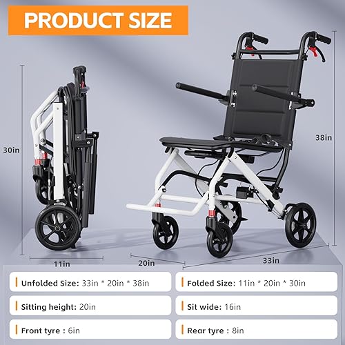 Miniatura 3 de UU-ZHANG Silla de ruedas de transporte súper ligera (solo 15 libras). Fácil de viajar, con bloqueo de frenos de mano, fácil de usar, plegable,