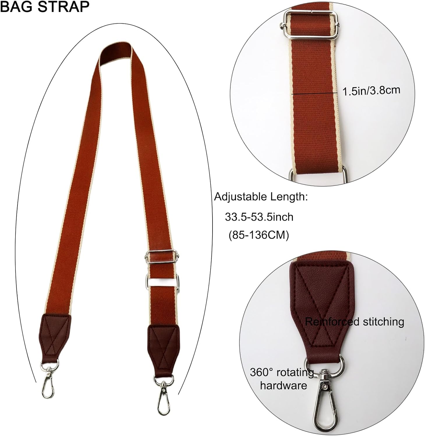 Adjustable Red Purse Strap with Brown Leather End - 1.5" Wide Handbags, Camera, Guitar, Phone & Crossbody Bag Replacement Shoulder Straps(Silver Hardware) - Image 2