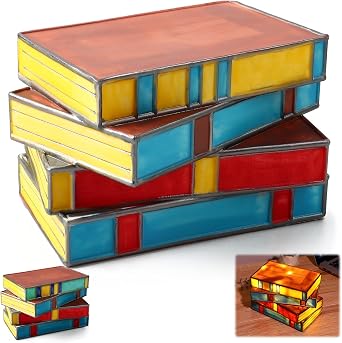 Omaky Stained Stacked Books Lamp - Resin Nightstand Desk Light, Reading Nook Vintage Table Lamp, Tiffany Style Home Decor