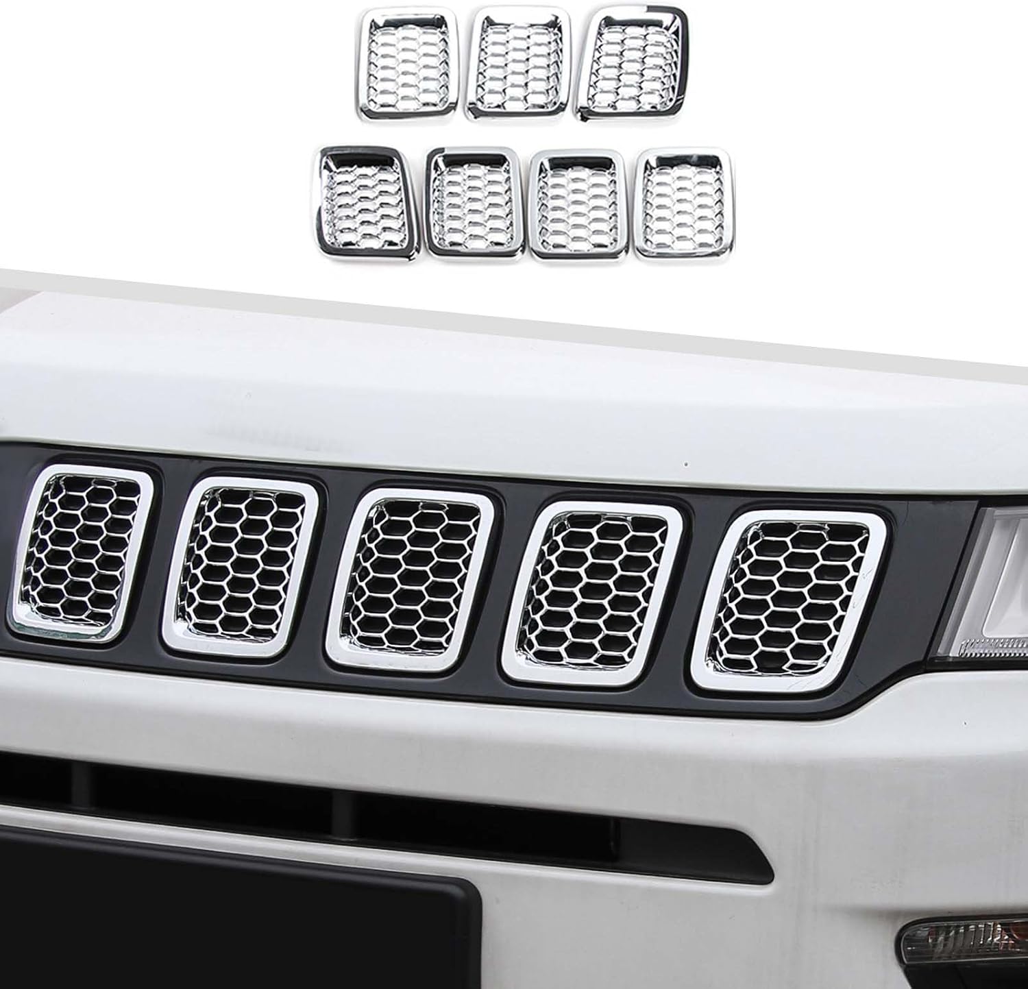 Jimen Compatible with Jeep Compass 2017-2020, 7PCS Mesh Grille Inserts Grill Cover Trim (Black)
