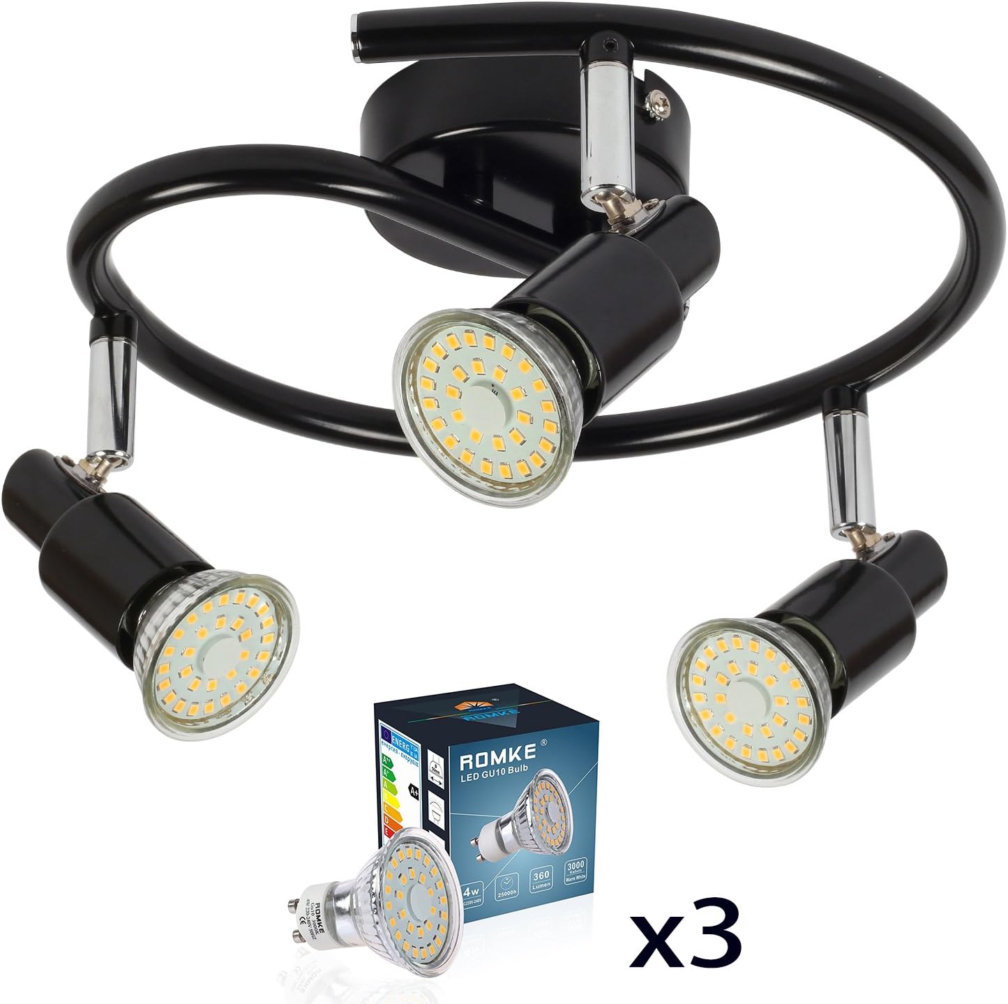 ROMKE 3 Way LED Ceiling Light, Black Modern GU10 Ceiling Spotlight Adjustable Ceiling Kitchen Lights, 3 x 4W 360 Lumen Warm White for Hallways Bedroom Kitchen Offfice [Energy Class A+]