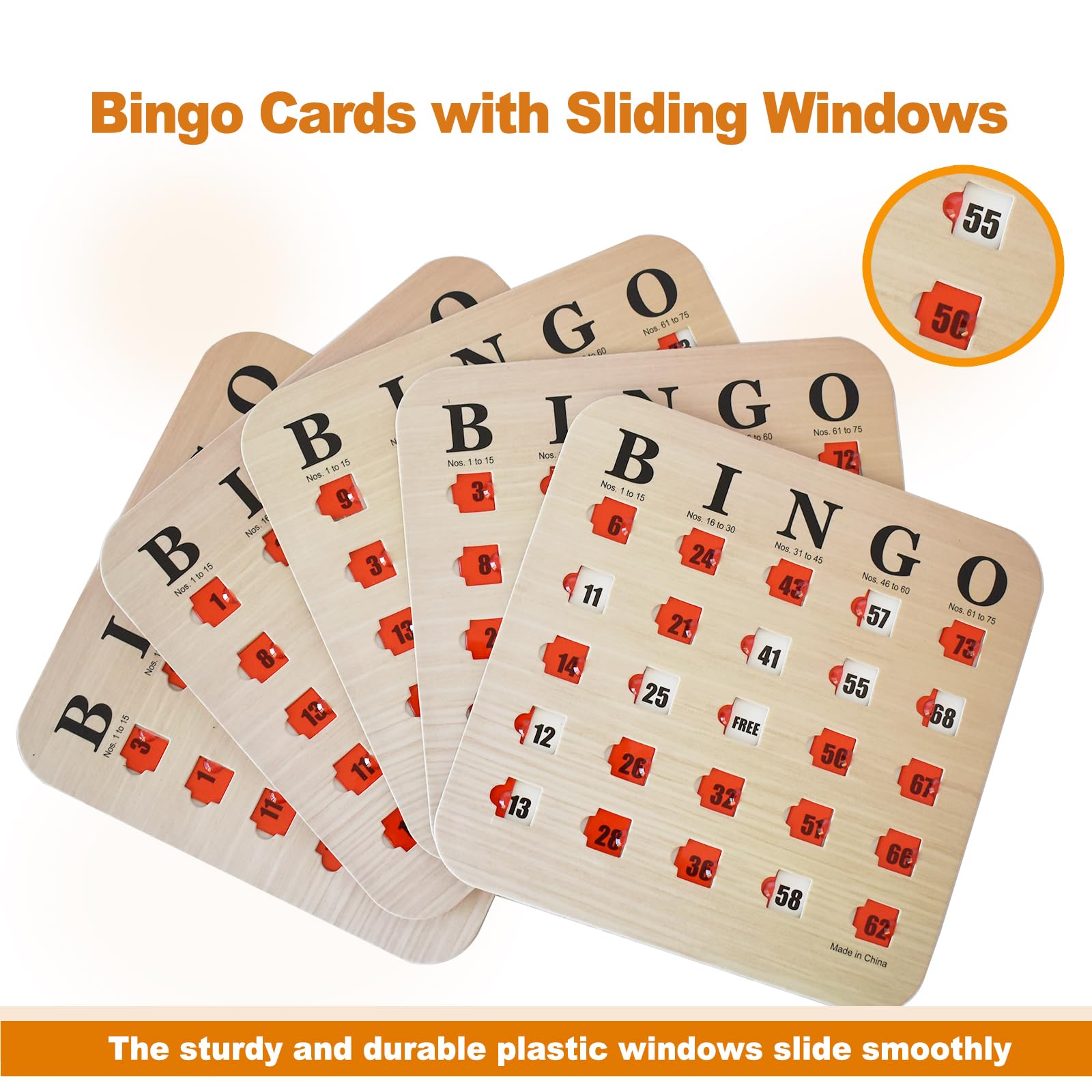 Yuanhe Bingo-Karten mit Schiebefenstern, Wiederverwendbare Reise-Bingo-Spielkarten, 25 Stück, Holzmaserung