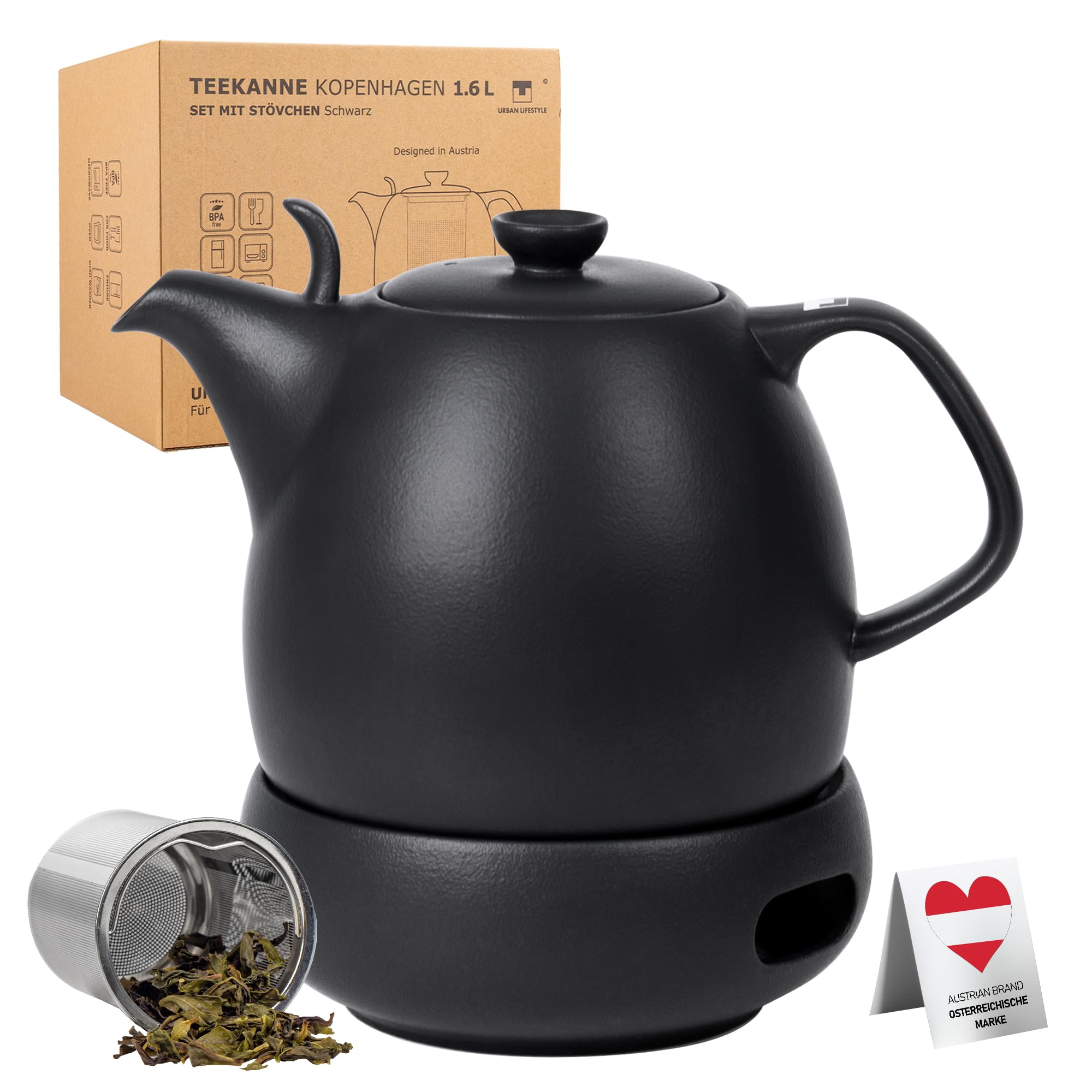 Urban Lifestyle Teekanne mit Stövchen 1,6 L Porzellan Teekanne Schwarz Matt mit Siebeinsatz aus Edelstahl für losen Tee Teekanne mit Stövchen und Tea Pot Kopenhagen