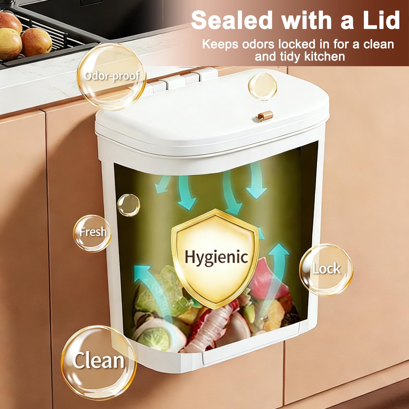Pattumiera Cucina da Appendere, Pieghevole Secchio Spazzatura Sottolavello8,5L con Coperchio, Pattumiera Estraibile Sottolavello, Compostiera Sospesa per Cucina, Bagno, Campeggio, Auto, Ufficio(Bianco