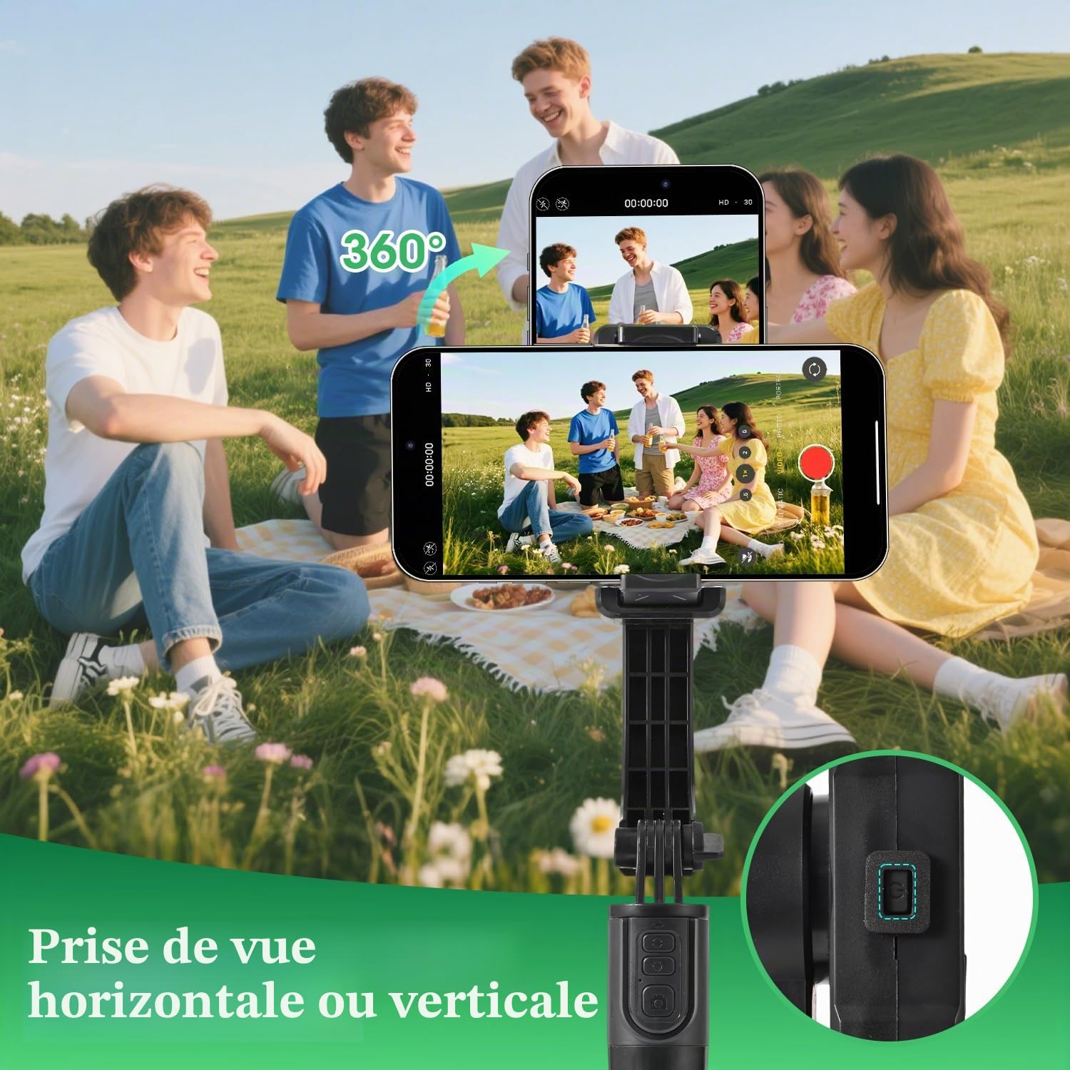 Stabilisateur de cardan pour smartphones, cardan de téléphone à 1 axe avec télécommande, perche à selfie portable et pliable et support de téléphone pour stabilisateur de vlogging, vidéos