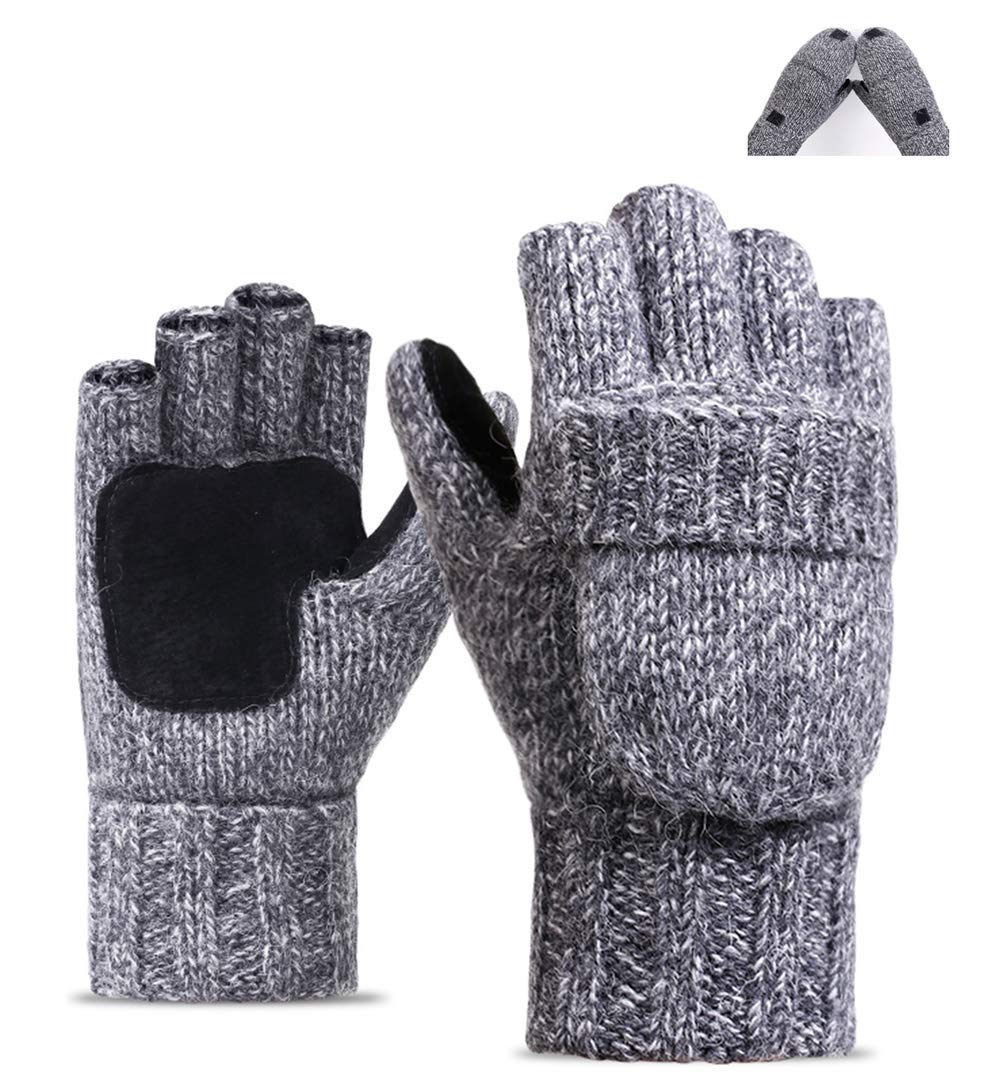 WxnowUnisex Winter Gloves Warm Wool Knitted Convertible Fingerless Mittens - Grey - One_Size