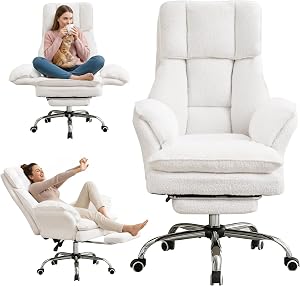 Cloud Cross Legged Office Chair with Footrest,Ergonomic Teddy Fleece Big and Tall Executive Chair with Wheels,Reversible Armrest,155° Reclining Computer Wide Desk Chair for Home,Office (Beige)