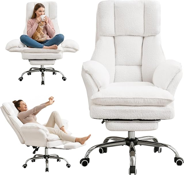 Cloud Cross Legged Office Chair with Footrest,Ergonomic Teddy Fleece Big and Tall Executive Chair with Wheels,Reversible Armrest,155° Reclining Computer Wide Desk Chair for Home,Office (Beige)