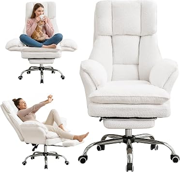 Cloud Cross Legged Office Chair with Footrest,Teddy Fleece Big and Tall Executive Ergonomic Chair, Flip Armrests for Pets,155 Reclining Computer Wide Desk Chair for Home,Office (White)