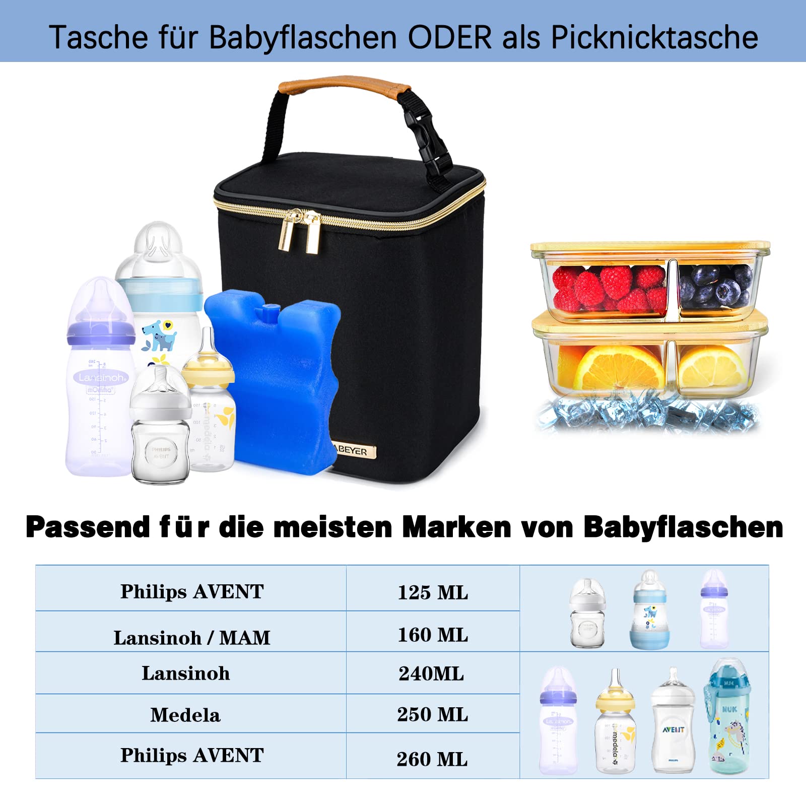 Muttermilch-Kühltasche, isolierte Babyflaschentasche mit Eisbeutel für 4 Flaschen bis zu 270 ml, perfekt für Tagespflege, Reisen, stillende Mütter
